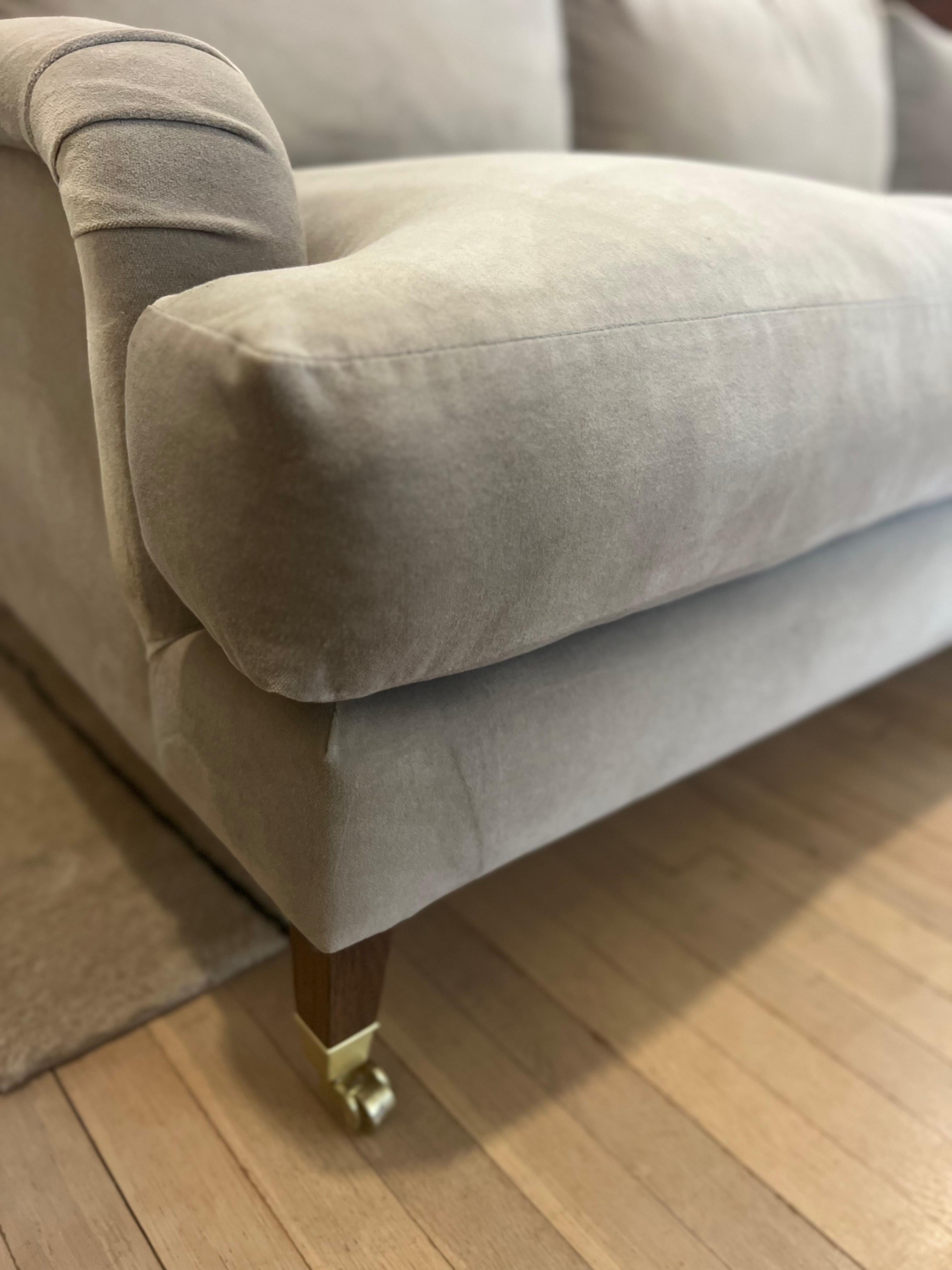 Contemporary Camel Velvet English Roll Arm Modern Sofa on Brass Castors