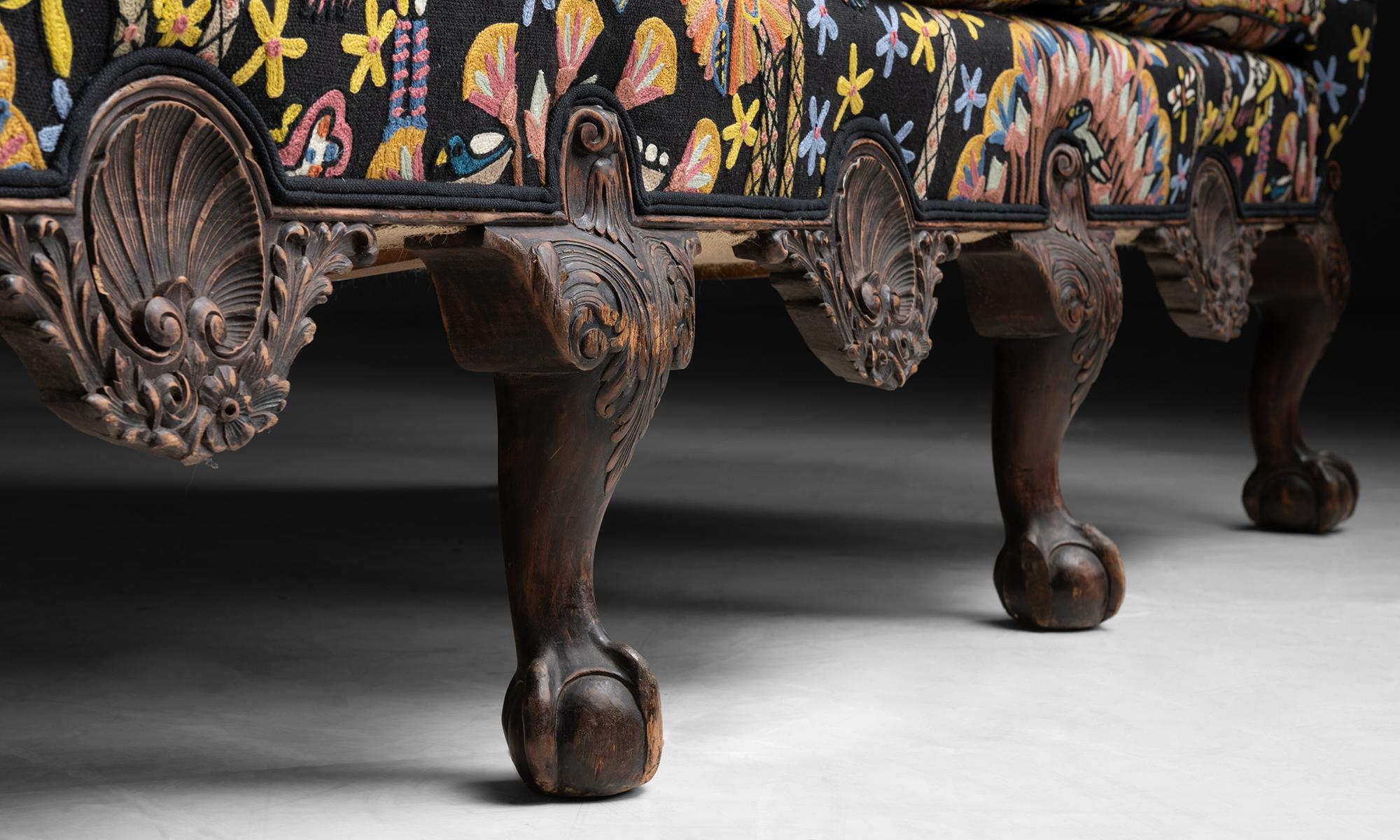 Camelback Sofa in Pierre Frey Embroidered Linen, England circa 1900 In Good Condition In Culver City, CA