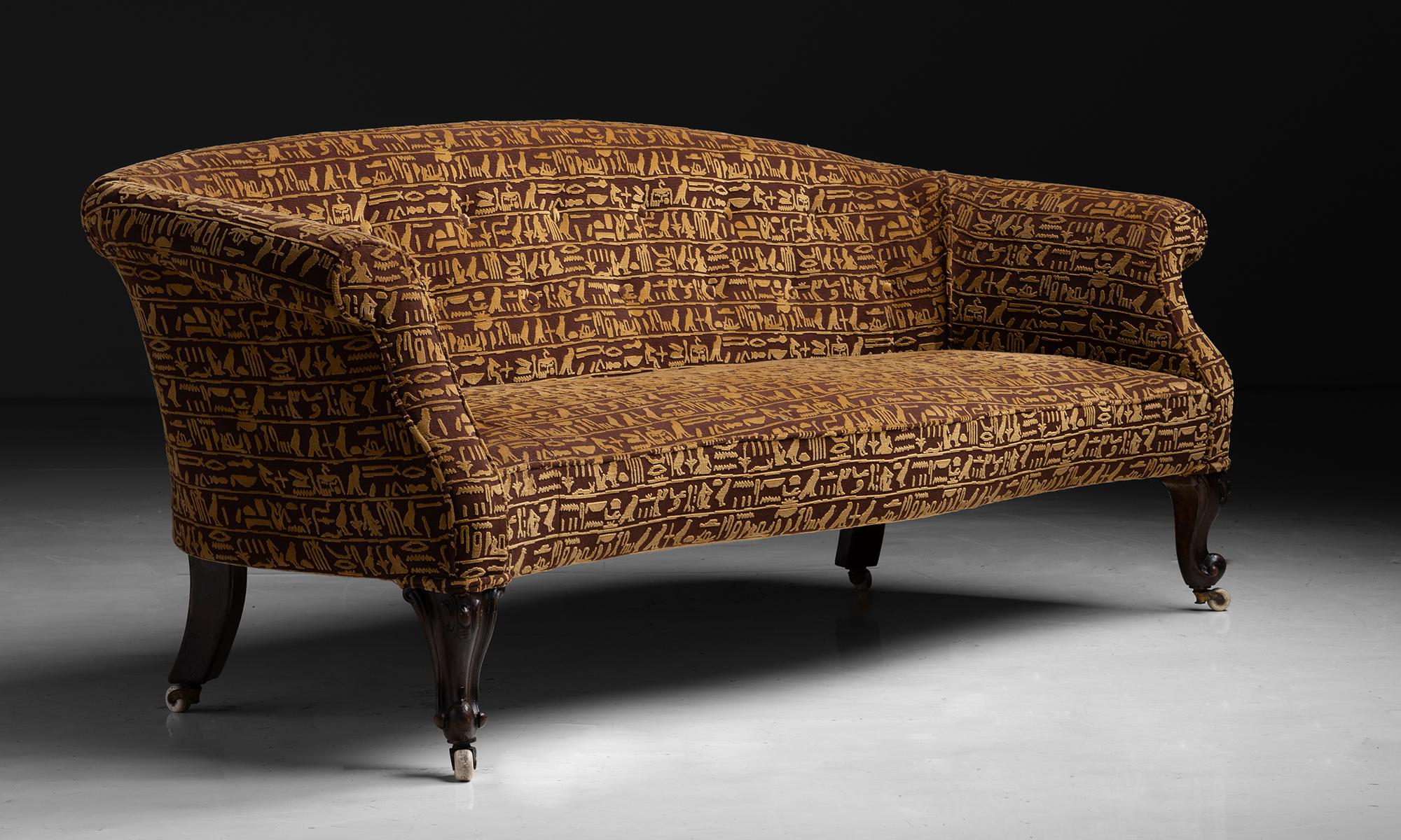 English Camelback Sofa in Velvet Fabric by Pierre Frey, England circa 1860
