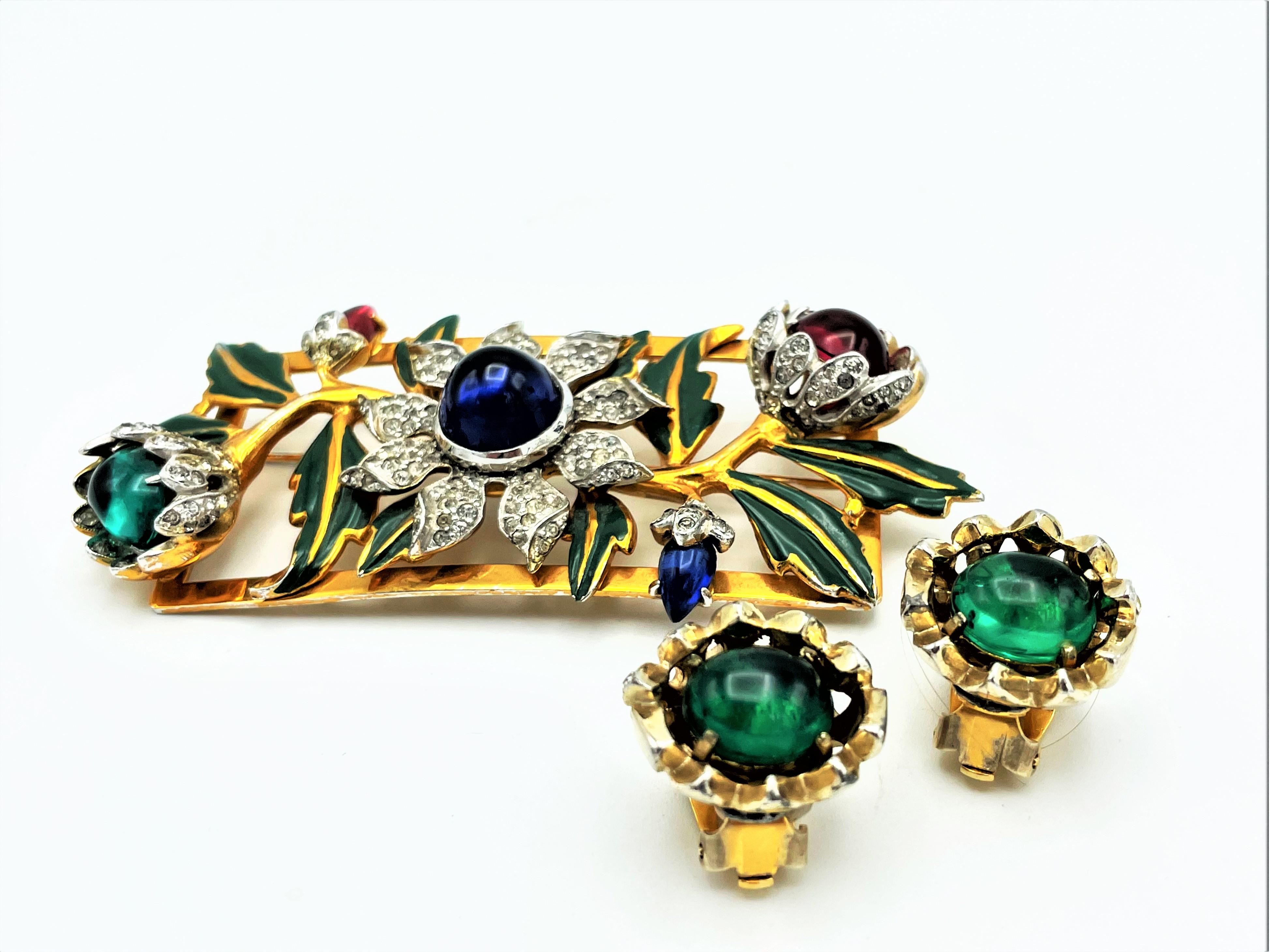 Camelia COROCRAFT set, bangle, brooch and clip-on earring, designed 1939  USA For Sale 6