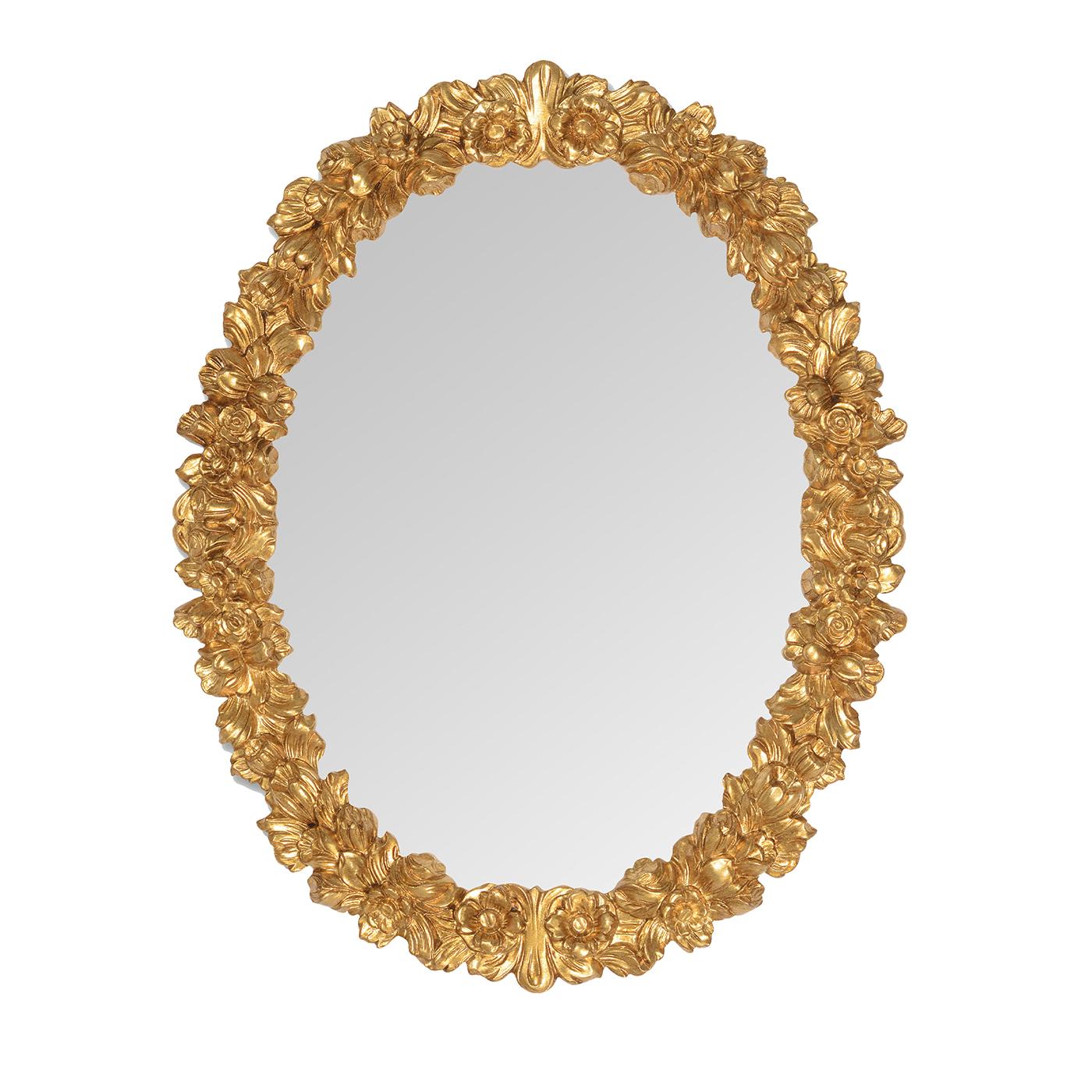 Italian Camelia Oval Gold Wall Mirror by Mo.Wa For Sale