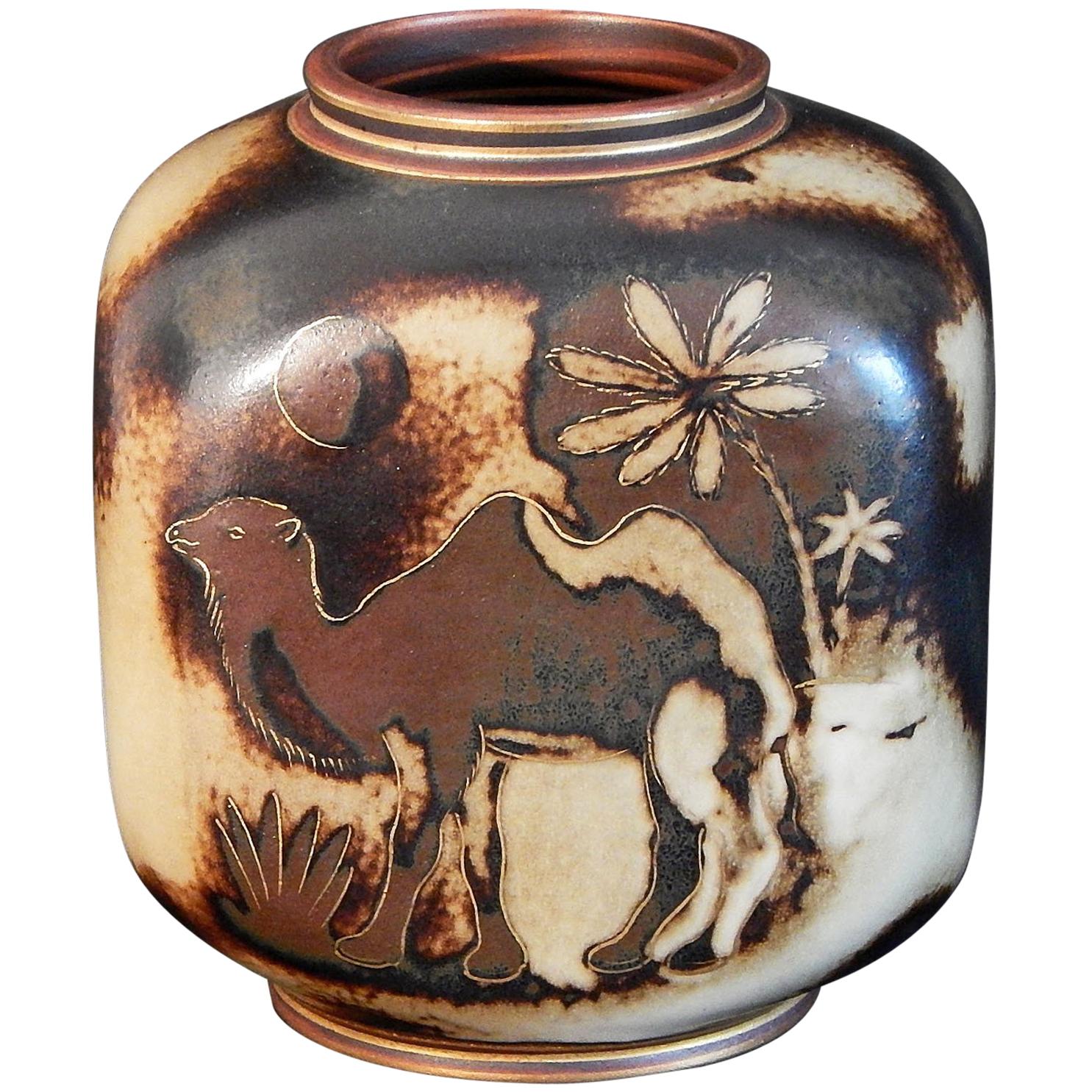 "Camels in Moonlight, " Rare and Striking Art Deco Vase by Nylund for Rorstrand