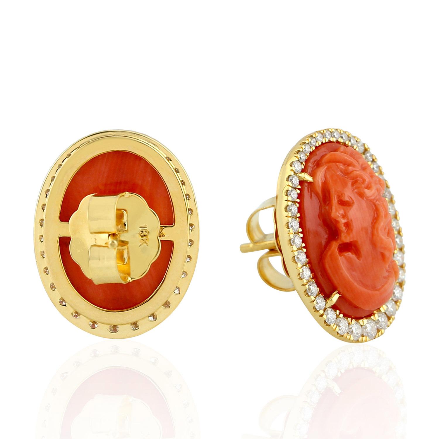 Round Cut Cameo 14 Carats Fine Coral & Diamond Halo Earrings 18K Yellow Gold For Sale
