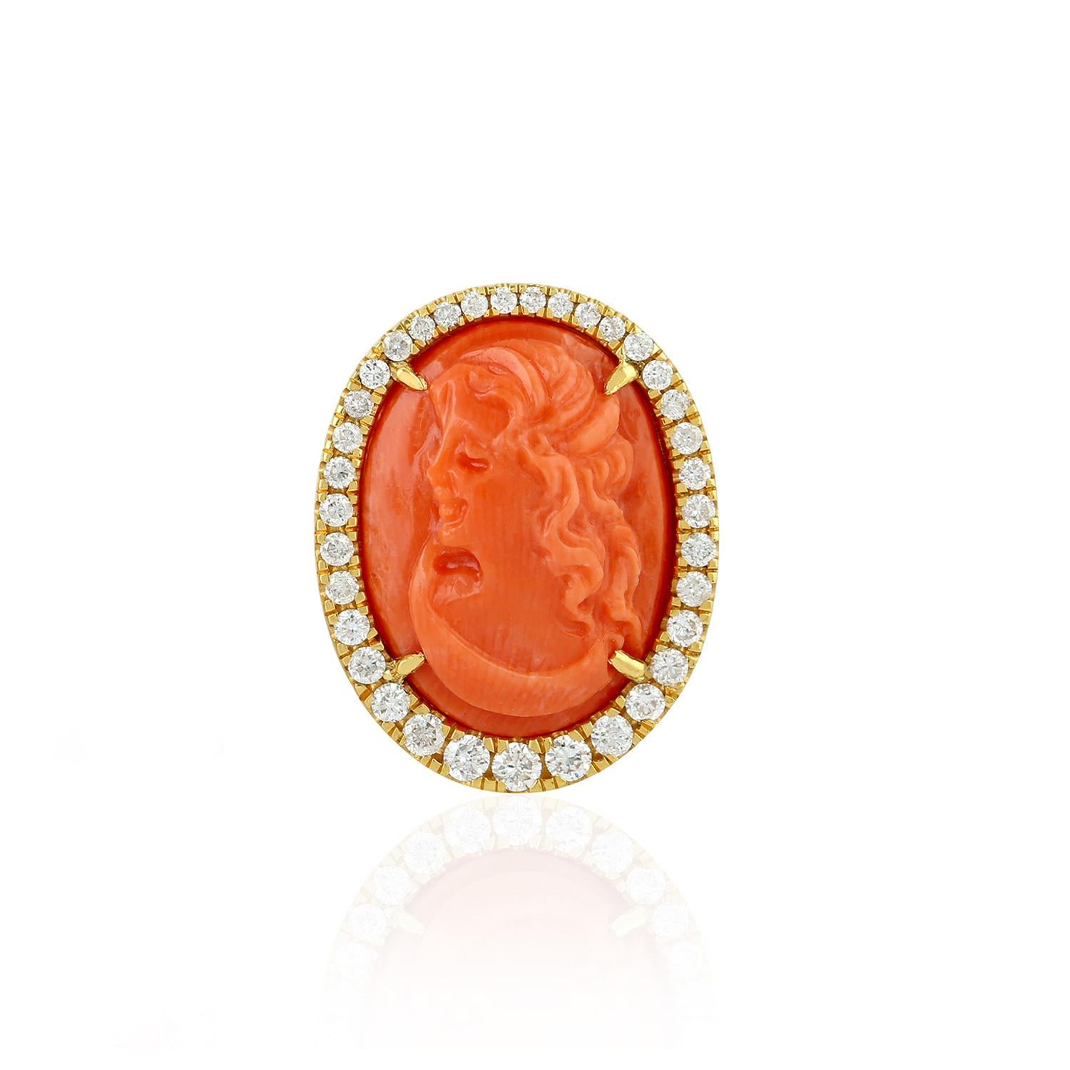 Cameo 14 Carats Fine Coral & Diamond Halo Earrings 18K Yellow Gold In Excellent Condition In Laguna Niguel, CA