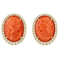Cameo 14 Carats Fine Coral and Diamond Halo Earrings 18k Yellow Gold