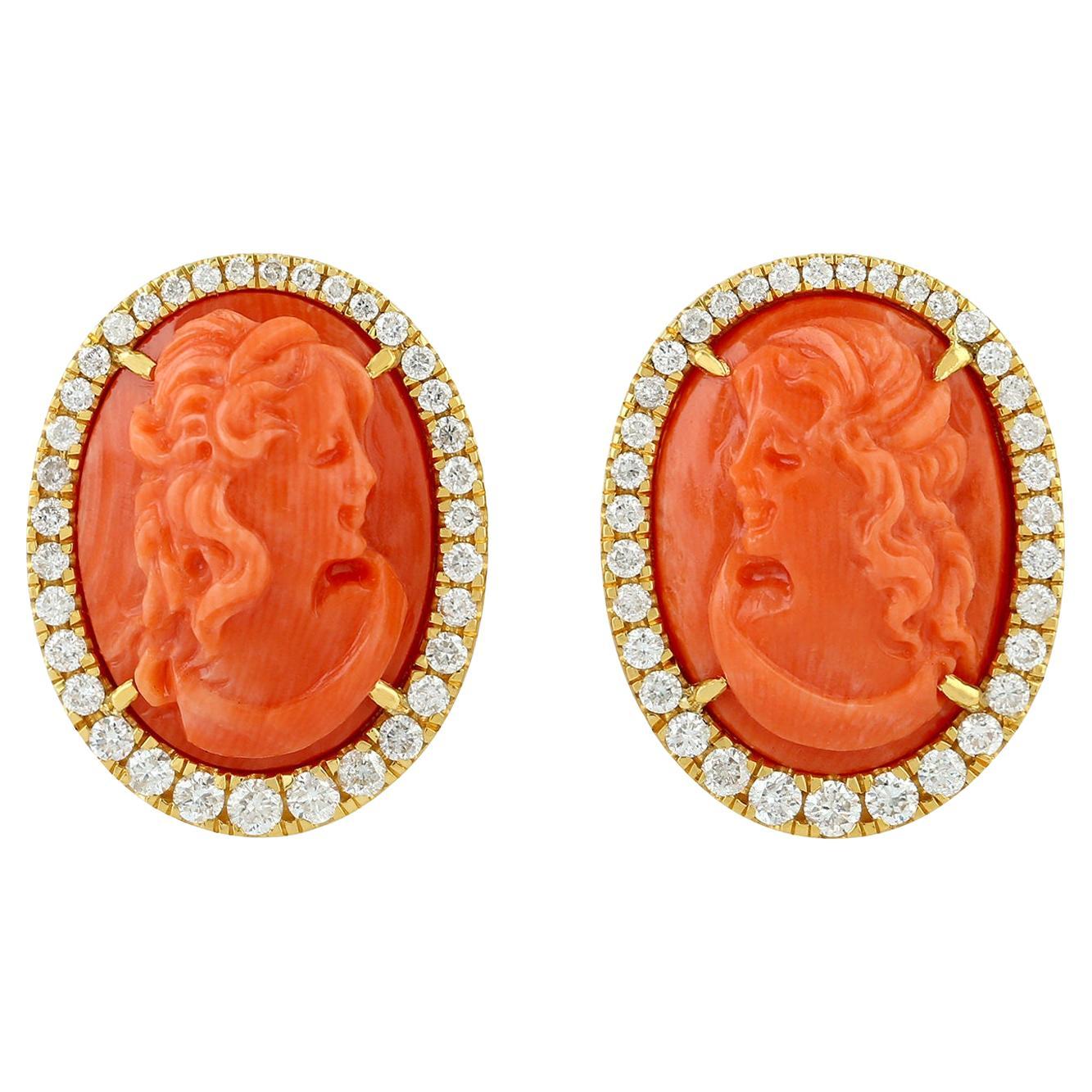 Cameo 14 Carats Fine Coral & Diamond Halo Earrings 18K Yellow Gold For Sale