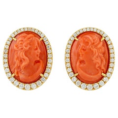 Cameo 14 Carats Fine Coral & Diamond Halo Earrings 18K Yellow Gold