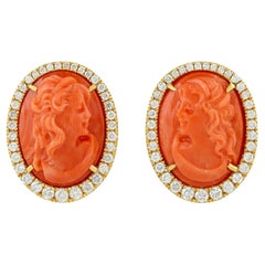 Vintage Cameo 14 Carats Fine Coral & Diamond Halo Earrings 18K Yellow Gold