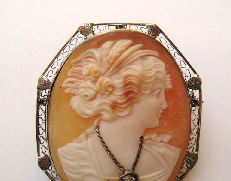  lovely 14k White Gold Carved Cameo Pin and Pendant. Depicting a lovely lady with a wonderful diamond necklace. It has a fold-over bale so that you can use this as a pendant as well as a brooch. It measures 1.85 in. top to bottom x 1.55 in. wide.