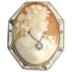 Antique Cameo 14 Karat White Gold Brooch Diamond Pendant