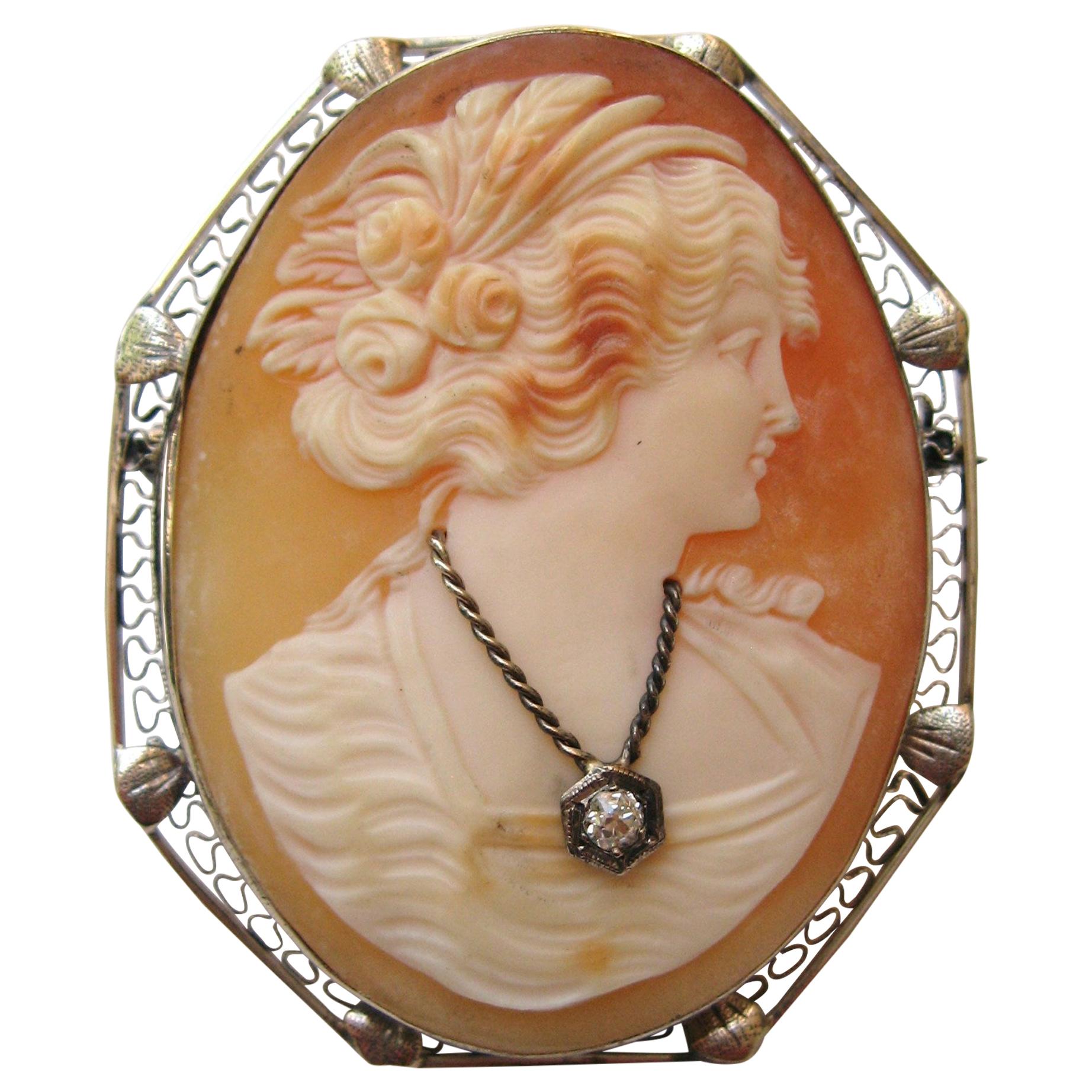 Cameo 14 Karat White Gold Brooch Diamond Pendant For Sale