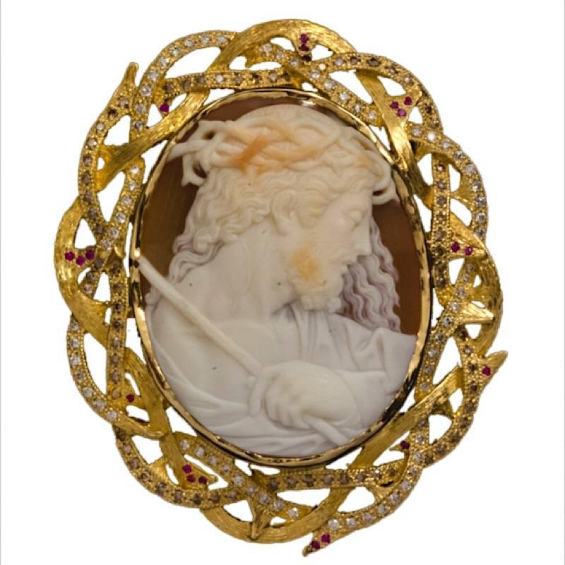 Cameo 1890s Jesus Set in 14 Karat Gold with Diamonds, Rubies and Brown Diamonds For Sale
