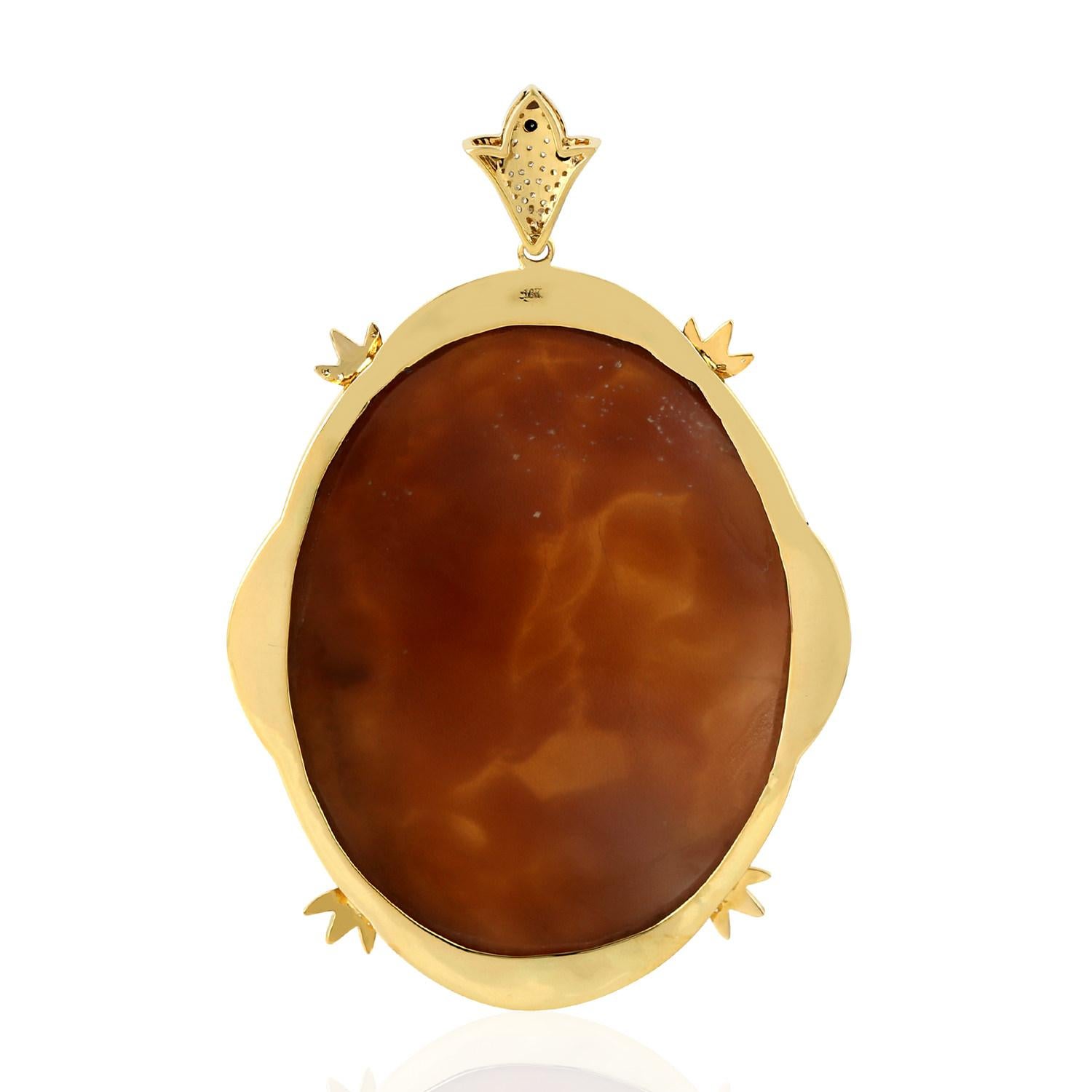 Cast in 18 karat gold. This beautiful cameo pendant necklace is set with 73.12 carats cameo shell and 1.57 carats of sparkling diamonds. 

FOLLOW  MEGHNA JEWELS storefront to view the latest collection & exclusive pieces.  Meghna Jewels is proudly