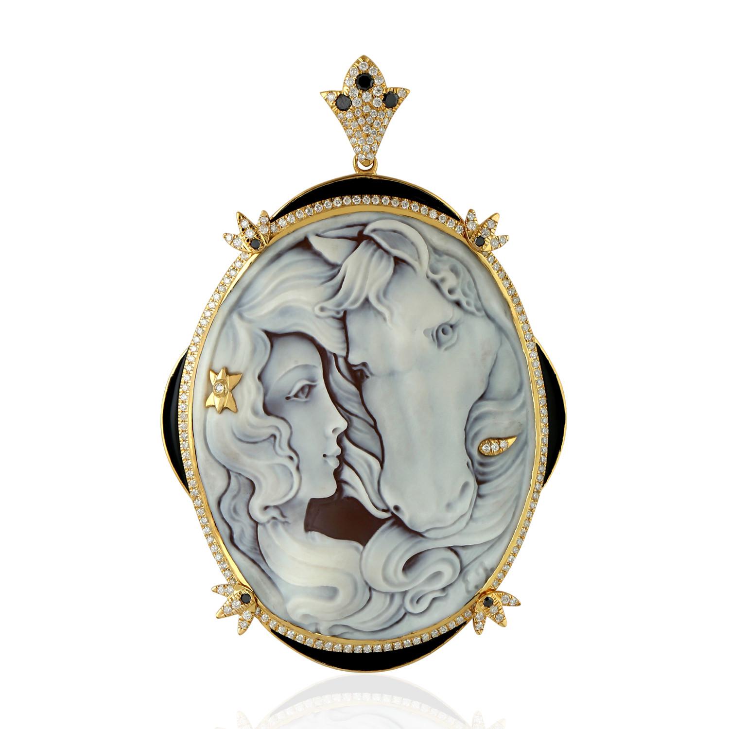 Oval Cut Cameo Diamond 18 Karat Gold Pendant Necklace For Sale
