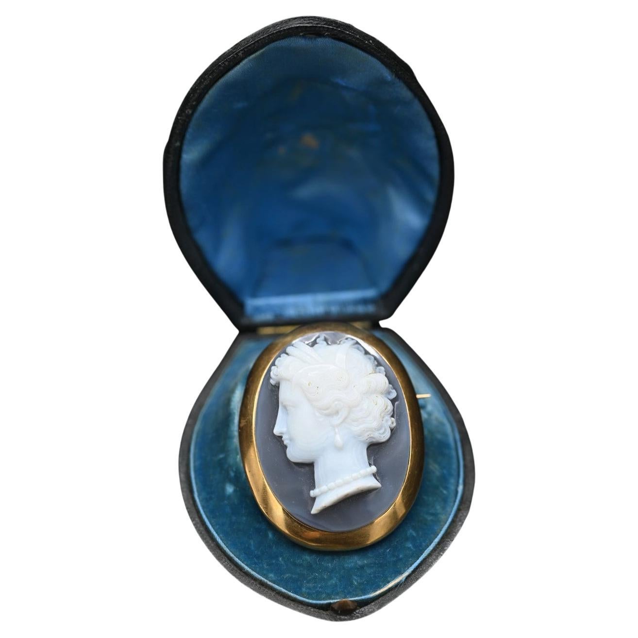 Oval Cut Cameo Agate and Yellow Gold Brooch For Sale