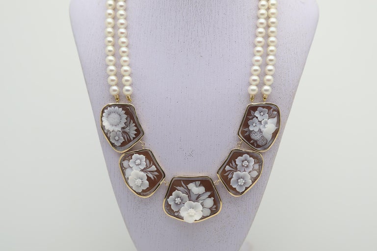 Cameo Akoya Pearl Double Strand Gold Necklace For Sale at 1stDibs