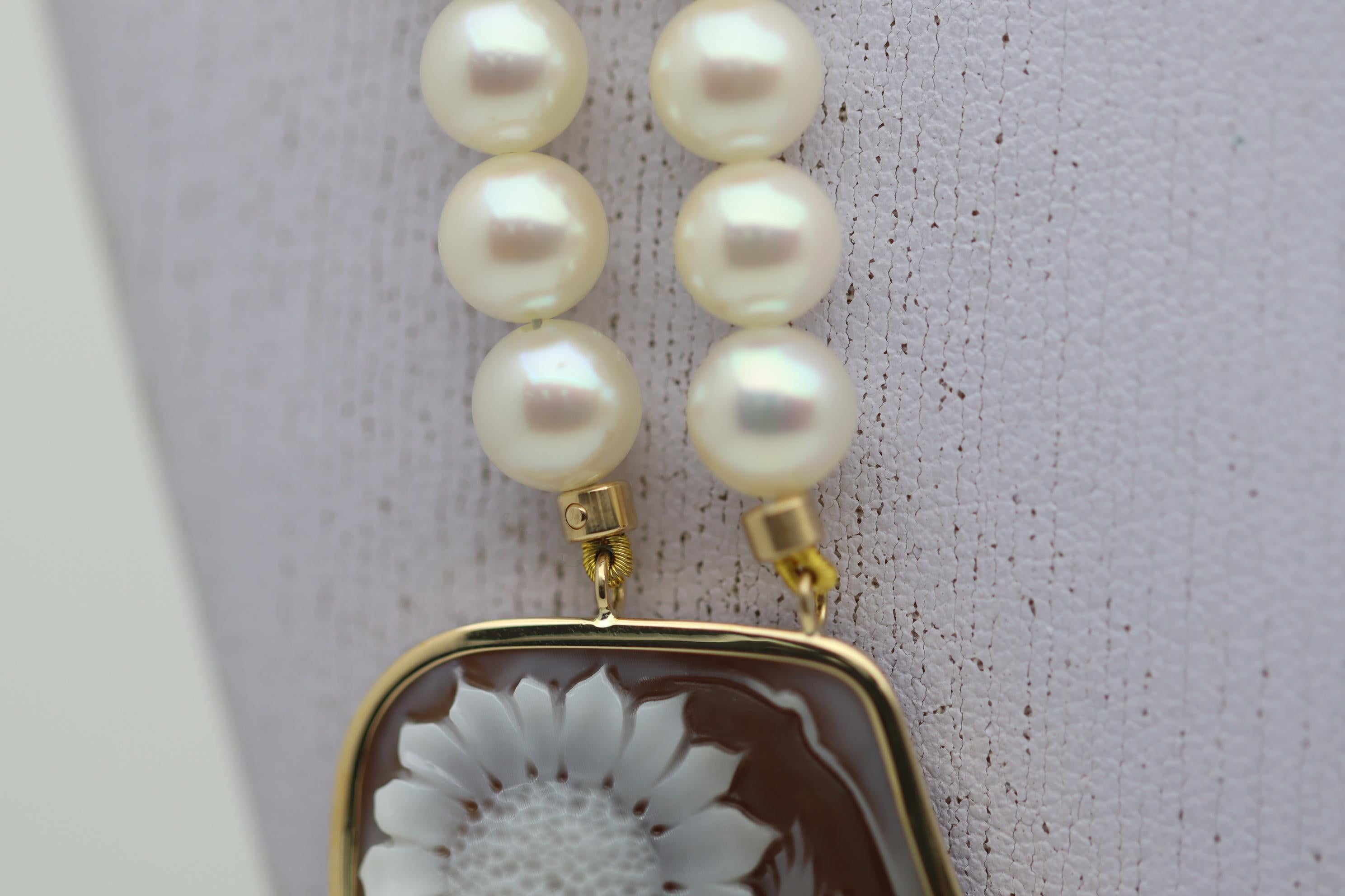 Ball Cut Cameo Akoya Pearl Double Strand Gold Necklace For Sale
