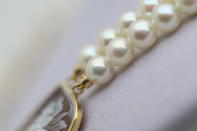 Cameo Akoya Pearl Double Strand Gold Necklace For Sale at 1stDibs