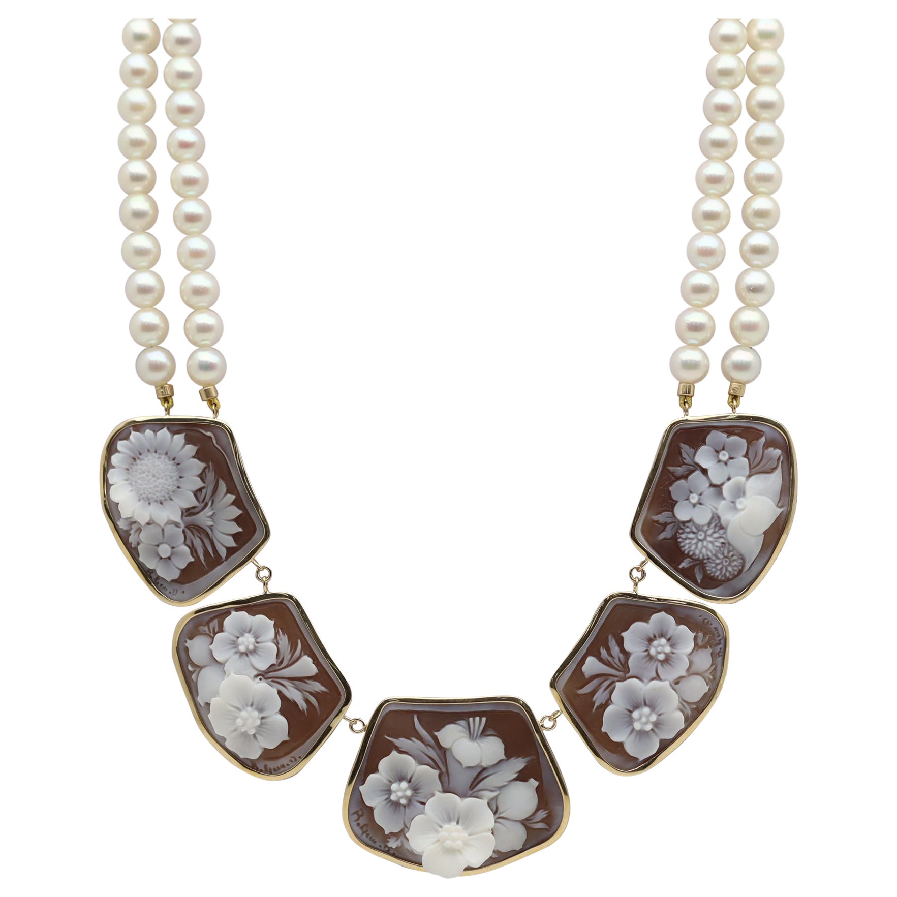 Cameo Akoya Pearl Double Strand Gold Necklace