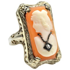 Cameo and Diamond 14 Karat White Gold Ring