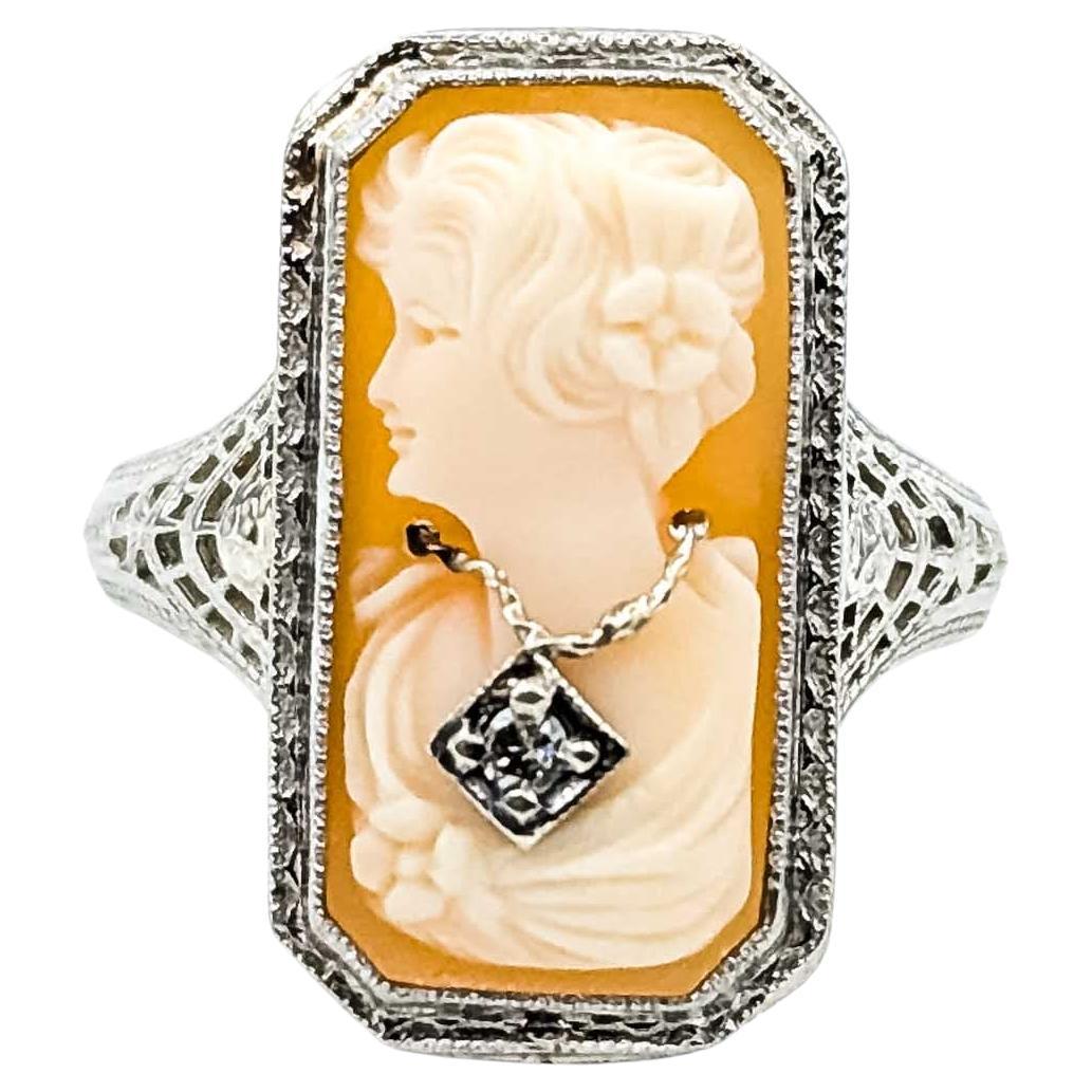 Cameo and Diamond Art Deco Ring in 10k White Gold