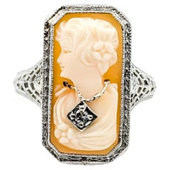 Cameo and Diamond Art Deco Ring in 10k White Gold
