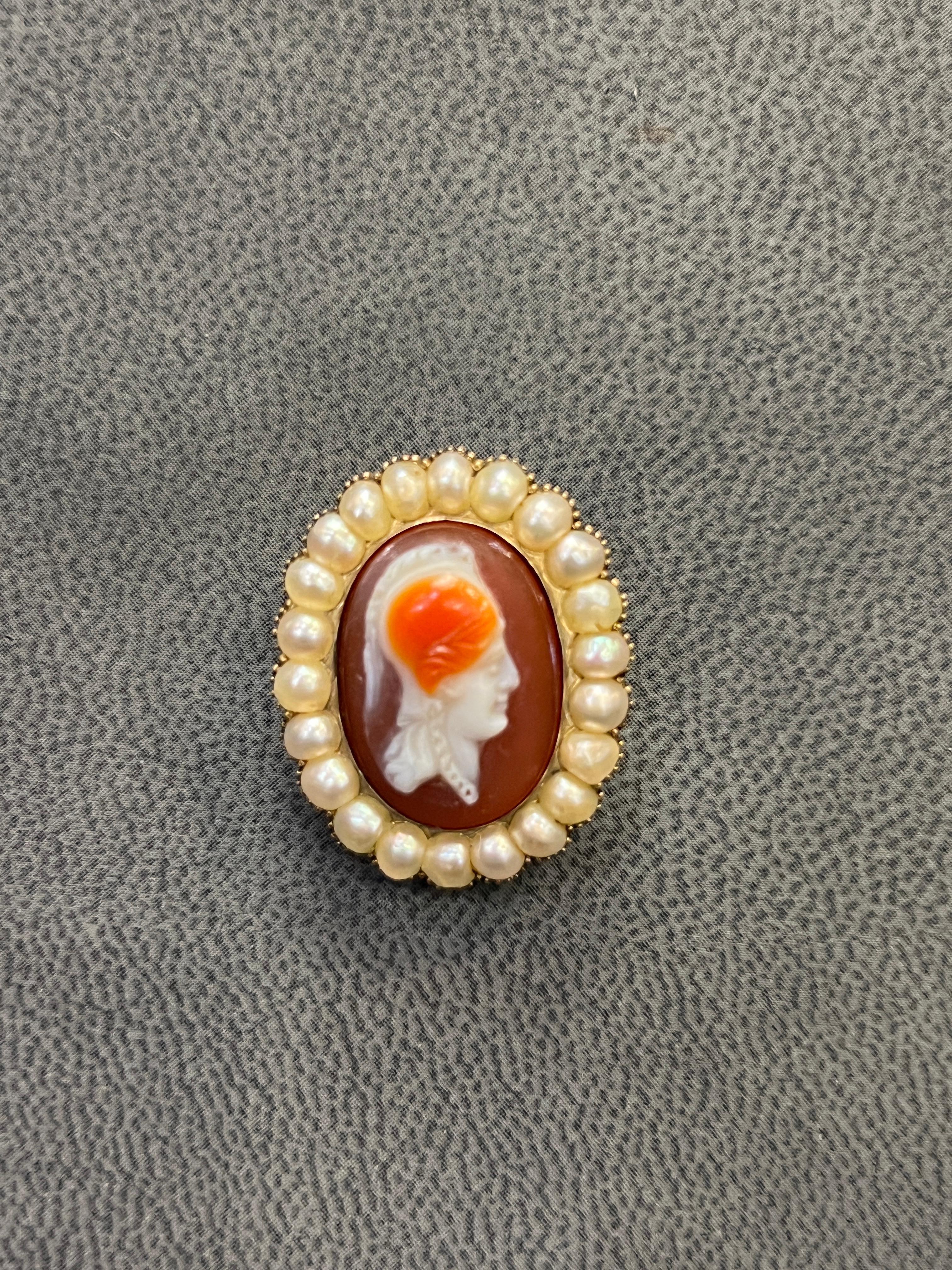 Uncut Cameo and Pearl Brooch For Sale