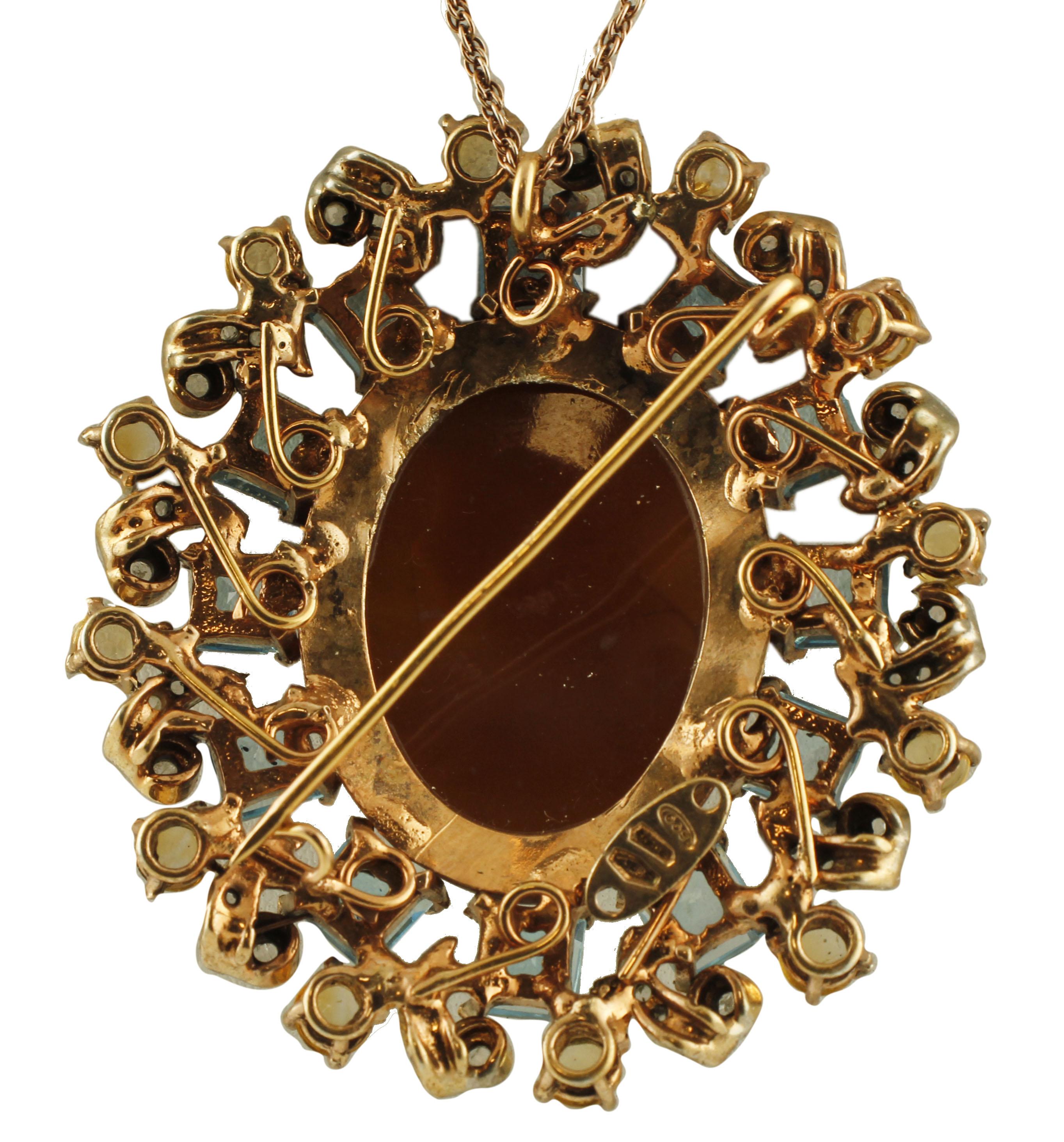 Retro Cameo, Blue and Yellow Topazes, Diamonds, 9 Karat Gold and Silver Pendant/Brooch For Sale