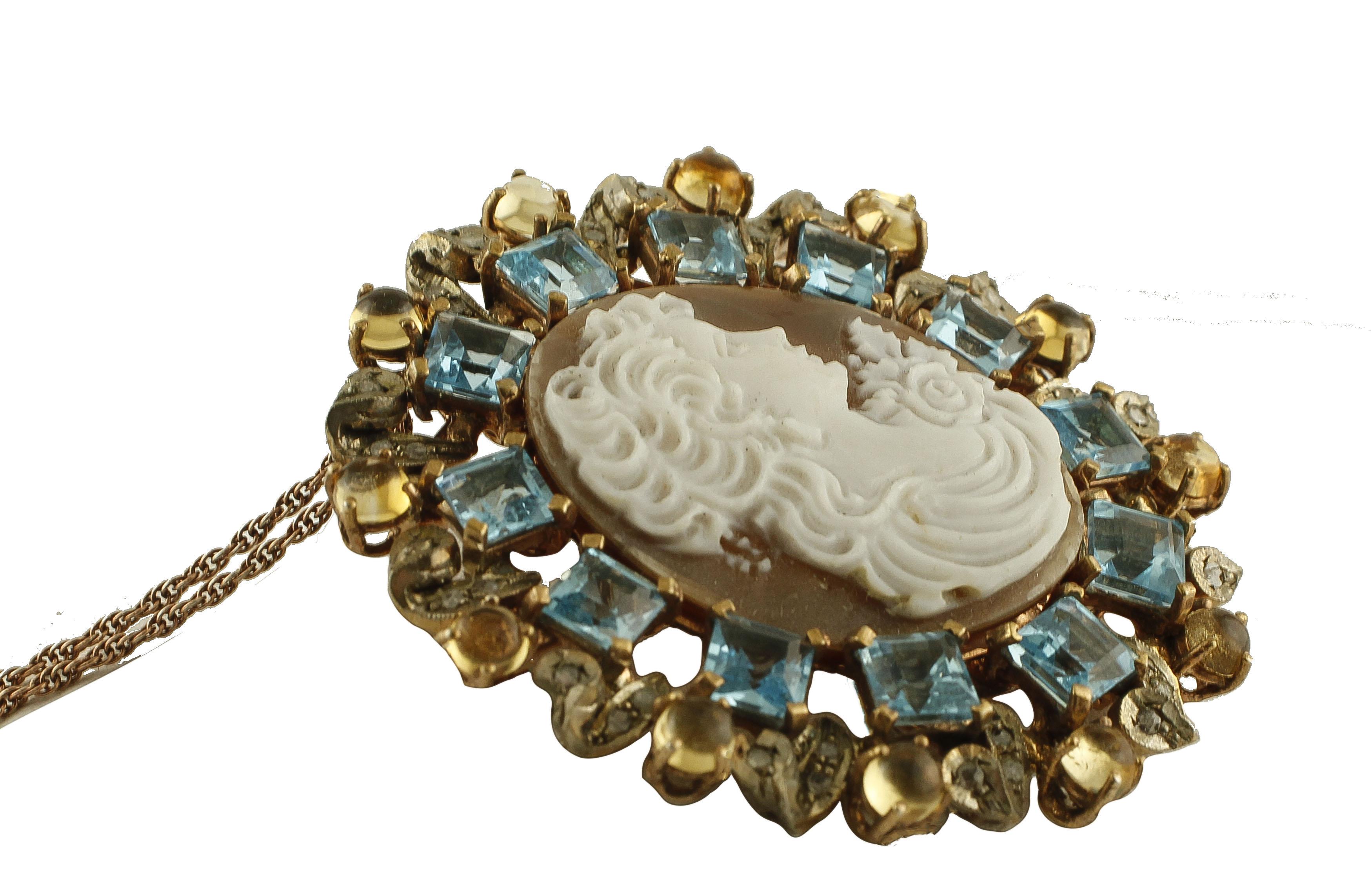 Round Cut Cameo, Blue and Yellow Topazes, Diamonds, 9 Karat Gold and Silver Pendant/Brooch For Sale