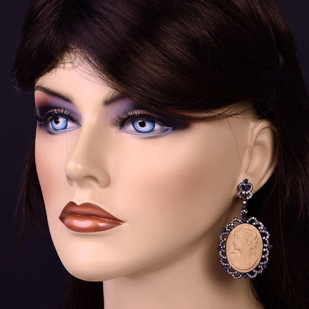 Mixed Cut Cameo Blue Sapphire Diamond Earrings For Sale