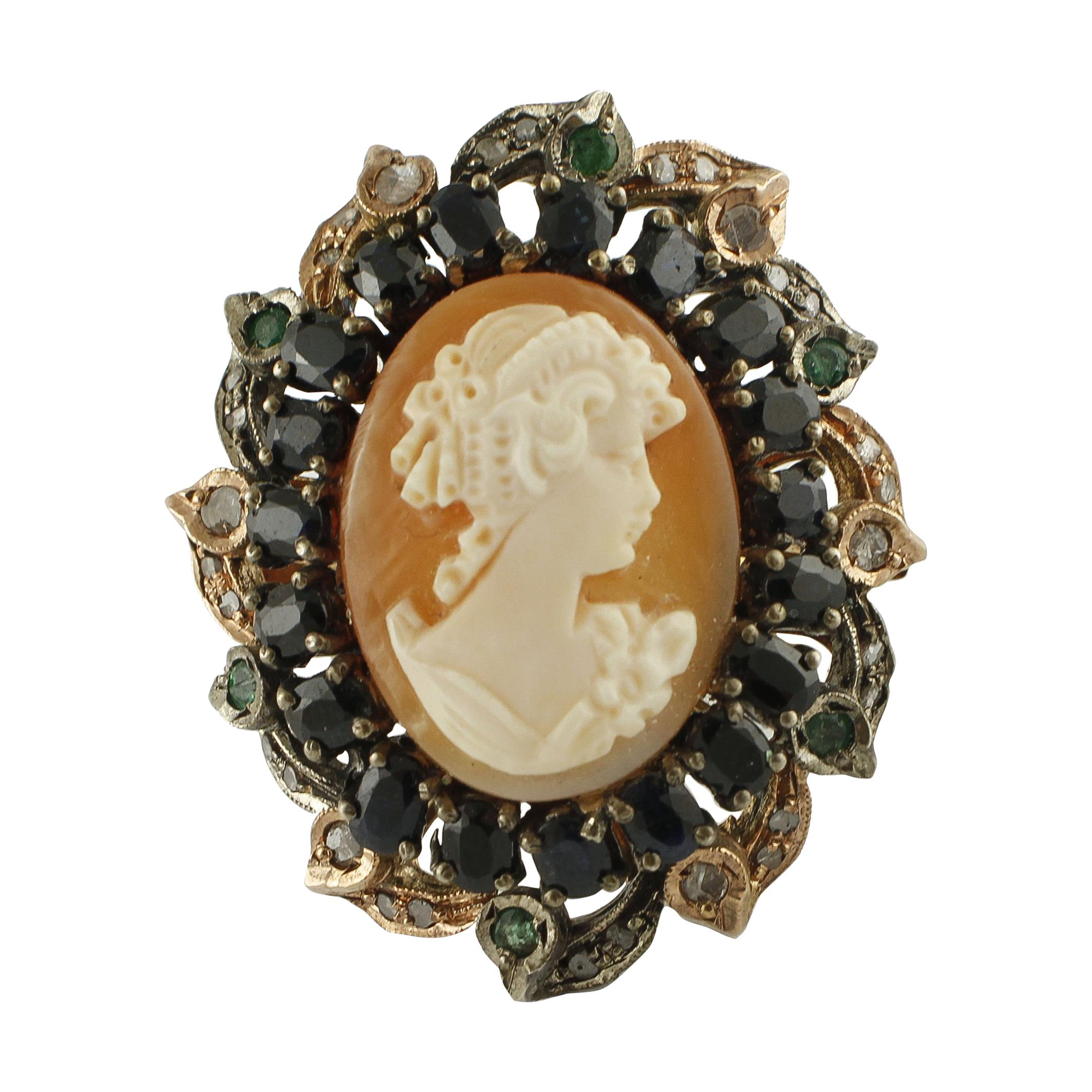 Bague rétro camée en or 9 carats, saphirs bleus, émeraudes, diamants