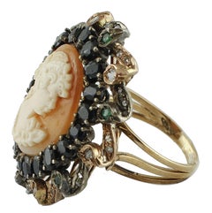 Cameo, Blue Sapphires, Emeralds, Diamonds, 9 Karat Gold and Silver Retro Ring