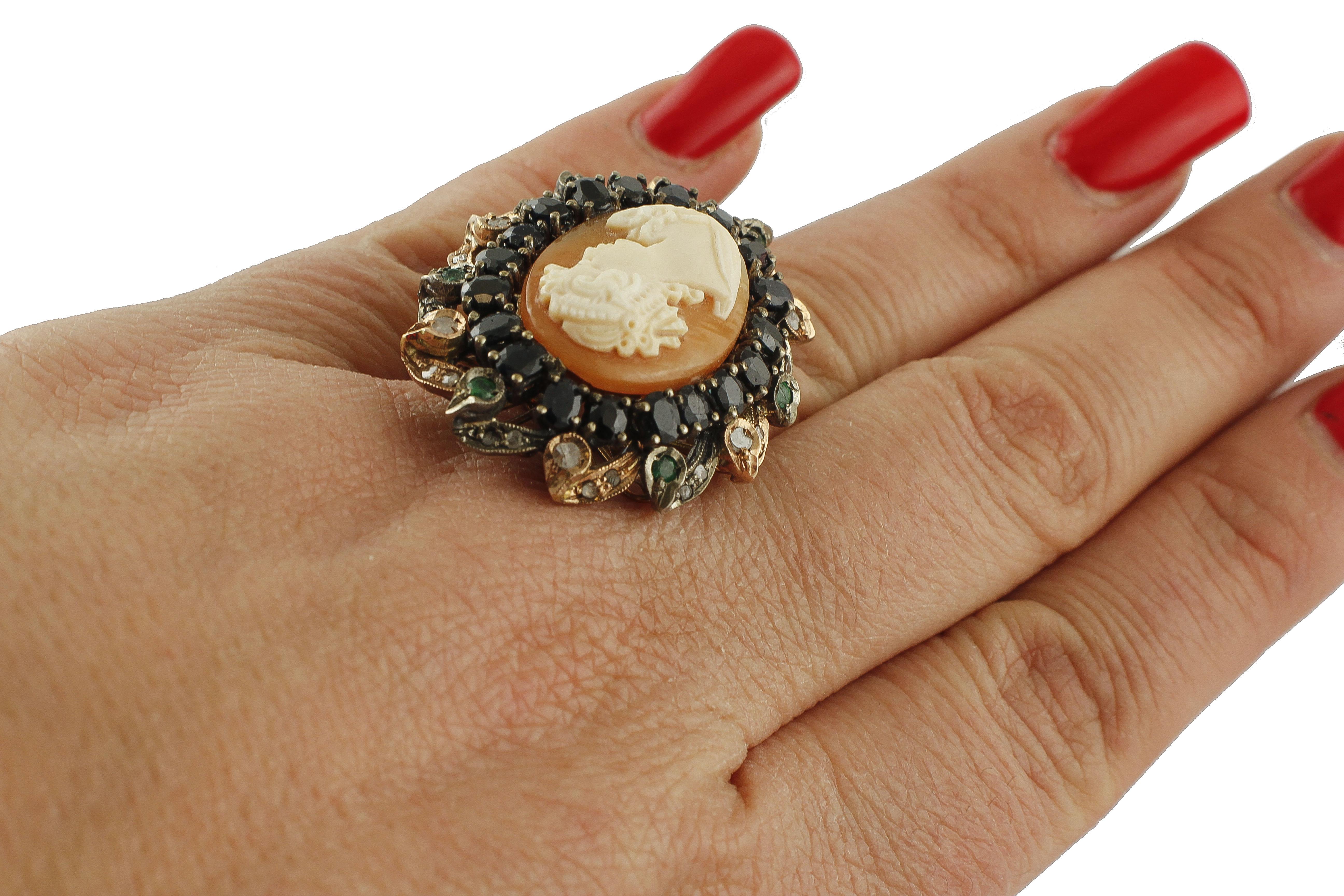 Rose Cut Cameo, Blue Sapphires, Emeralds, Diamonds, 9 Karat Gold and Silver Retro Ring For Sale