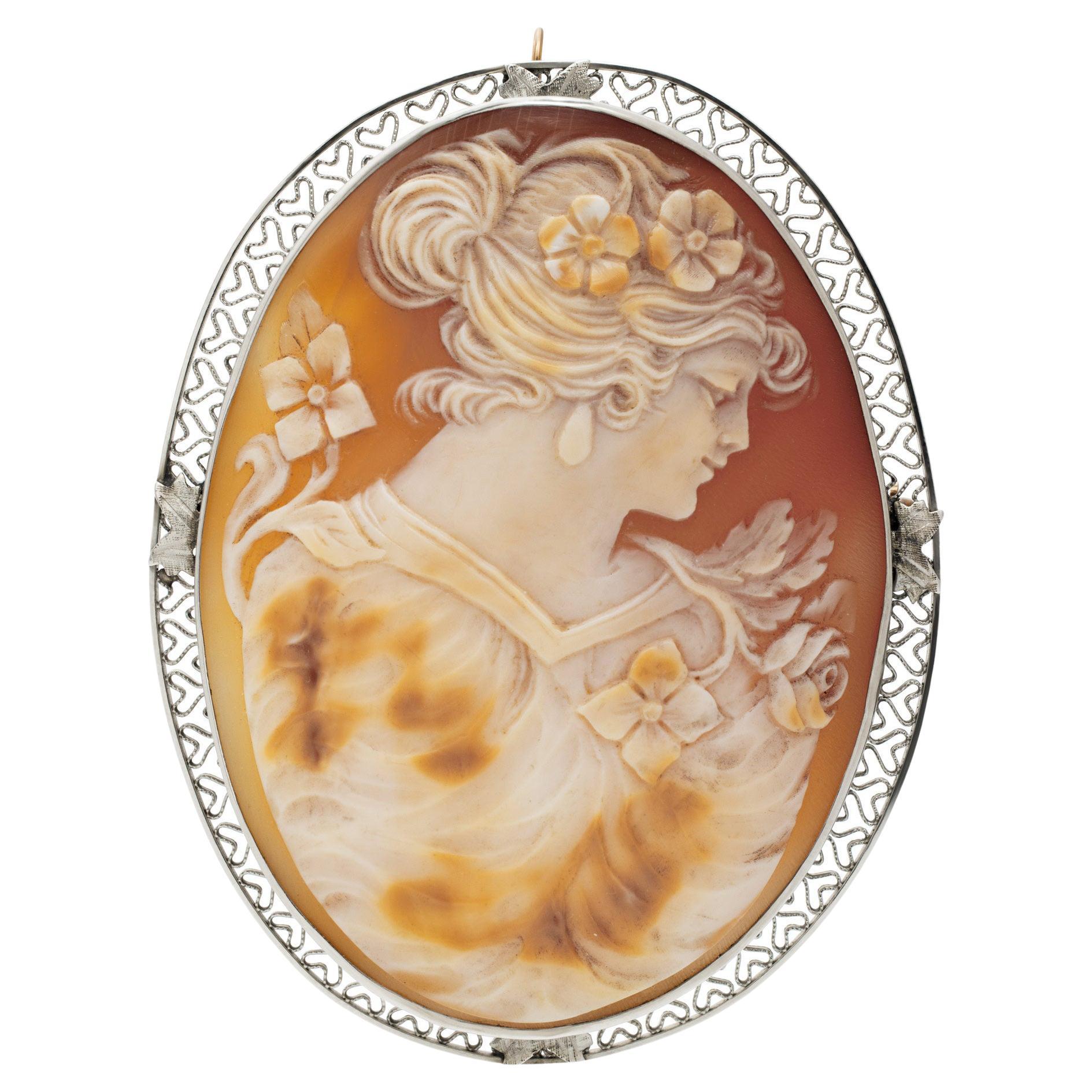 Cameo Broach in 14k White Gold with an Intricate Design For Sale