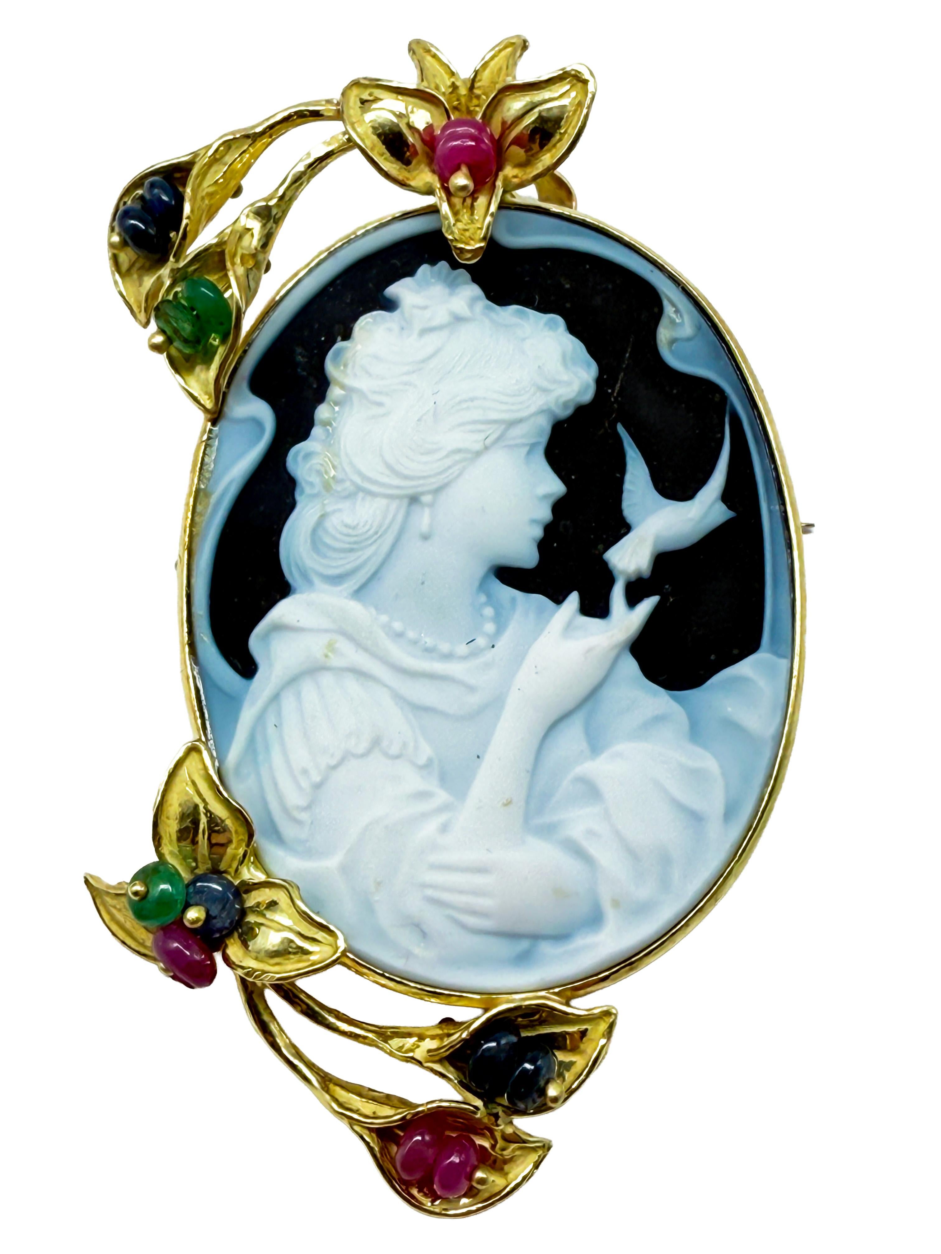 Kamee-Brosche mit Onyx, 18k Gelbgold, mit Saphir, Rubin und Smaragd im Angebot 2