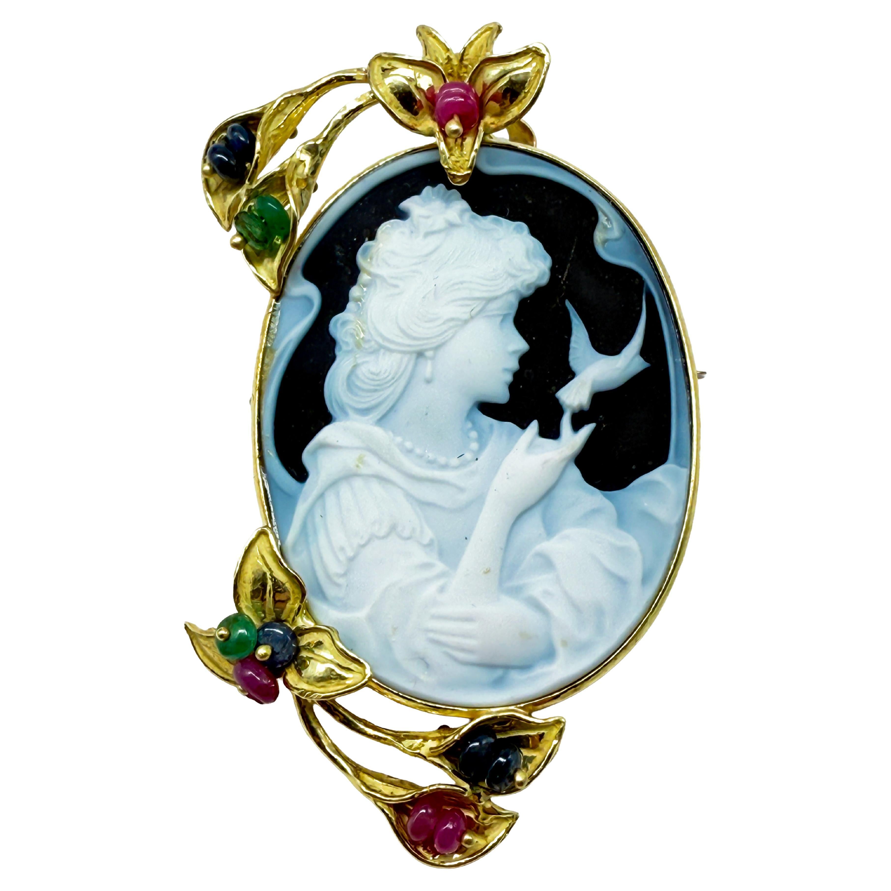 Kamee-Brosche mit Onyx, 18k Gelbgold, mit Saphir, Rubin und Smaragd im Angebot