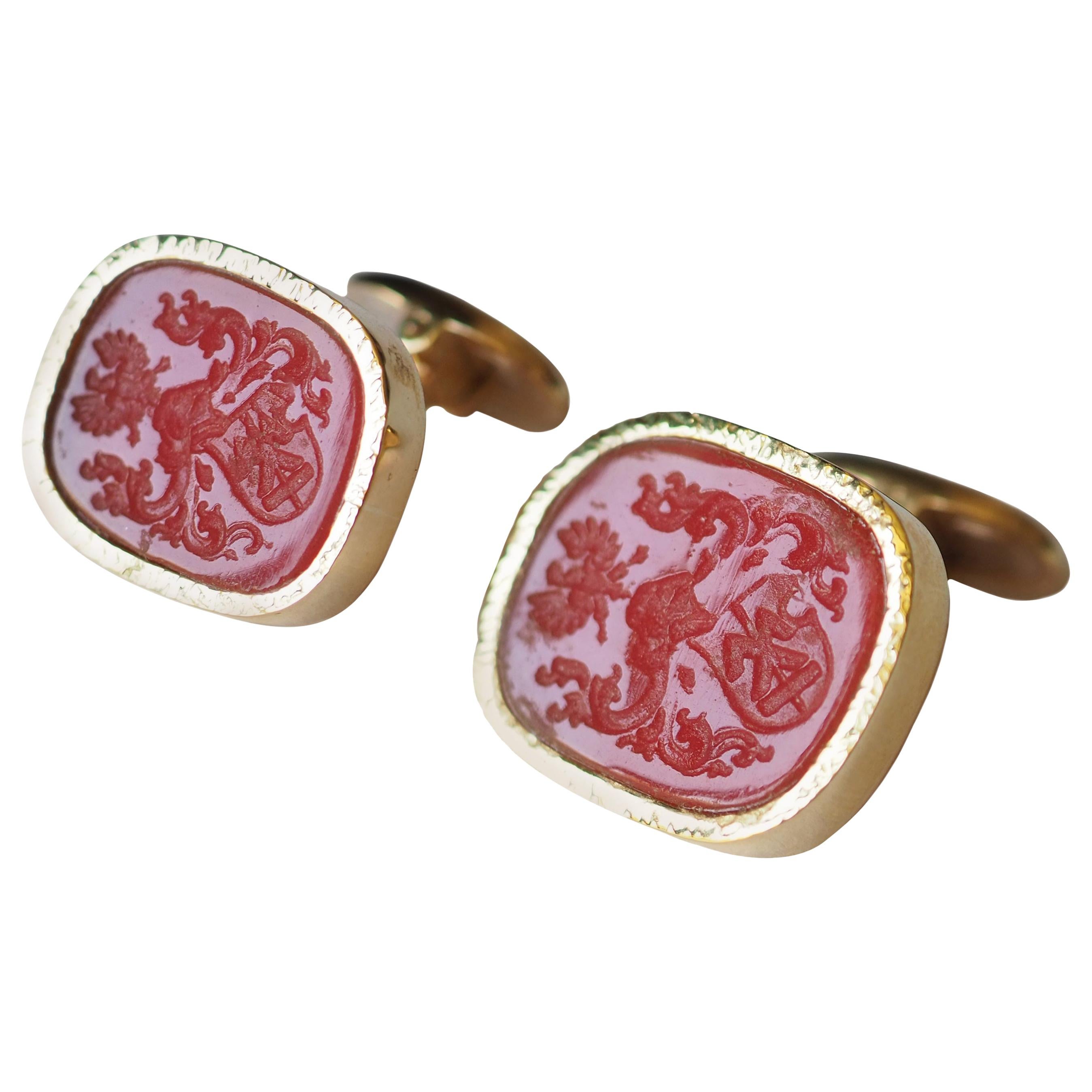 Cameo Carnelian Cufflink 18 Karat Gold