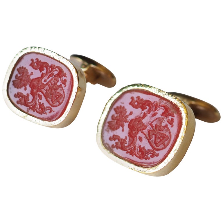 Cameo Carnelian Cufflink 18 Karat Gold For Sale at 1stdibs
