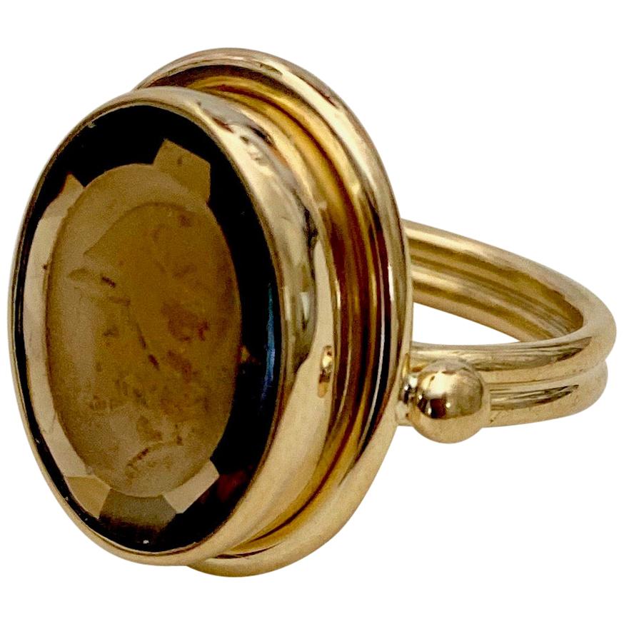 Cameo Cognac Quartz 18 Karat Gold Archaic Style Ring