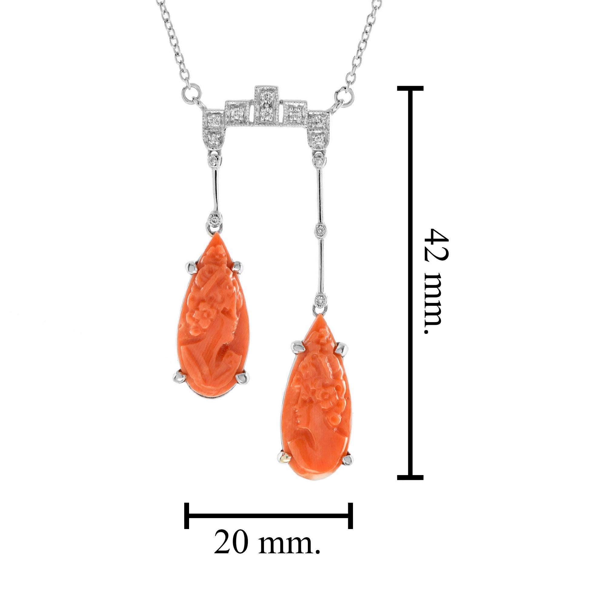 Women's Cameo Coral and Diamond Edwardian Style Negligee Necklace in 14K White Gold