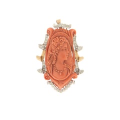 Cameo Coral Diamonds 14 Karat Yellow and White Gold Brooch And Pendant