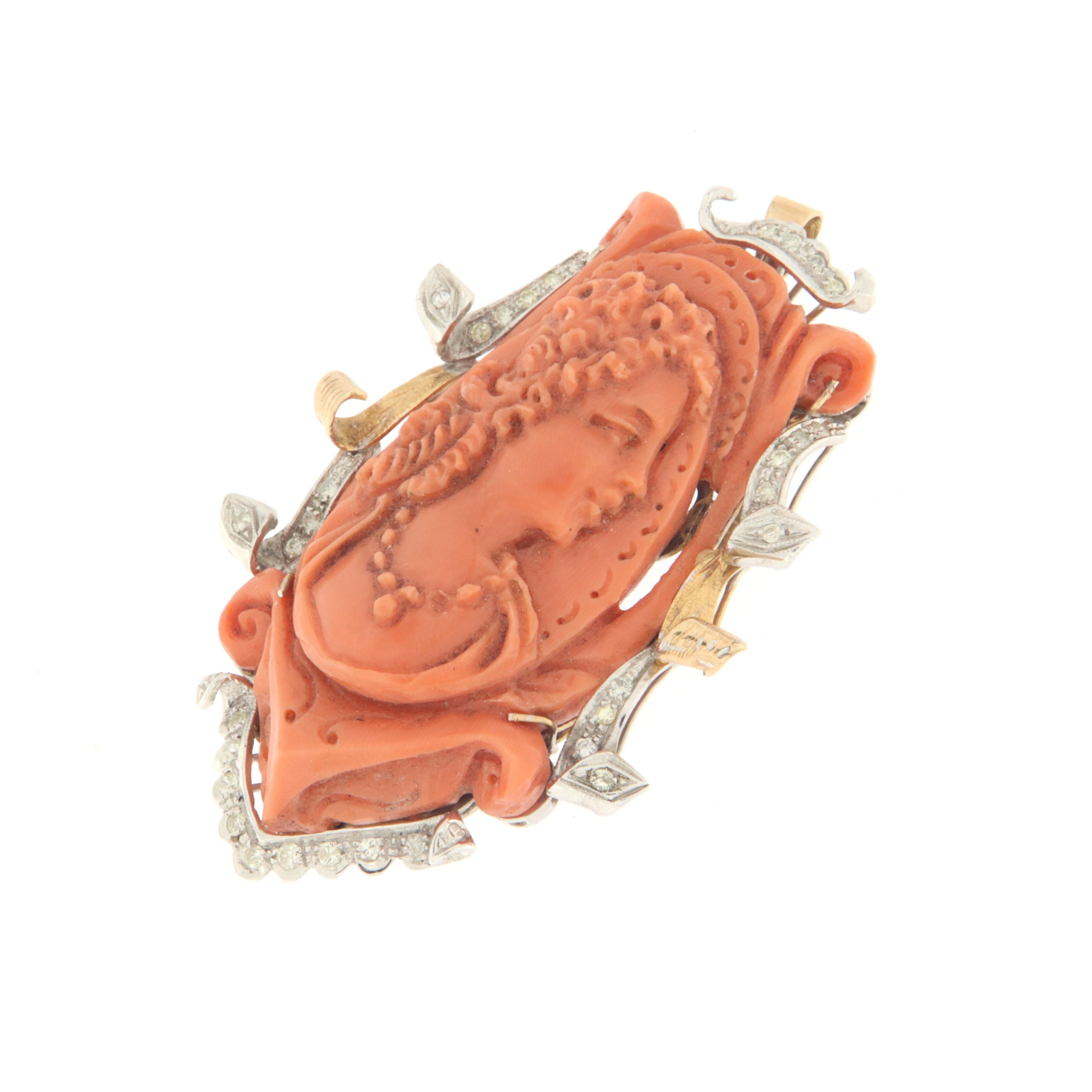 Artisan Cameo Coral Diamonds 14 Karat Yellow and White Gold Brooch And Pendant  For Sale