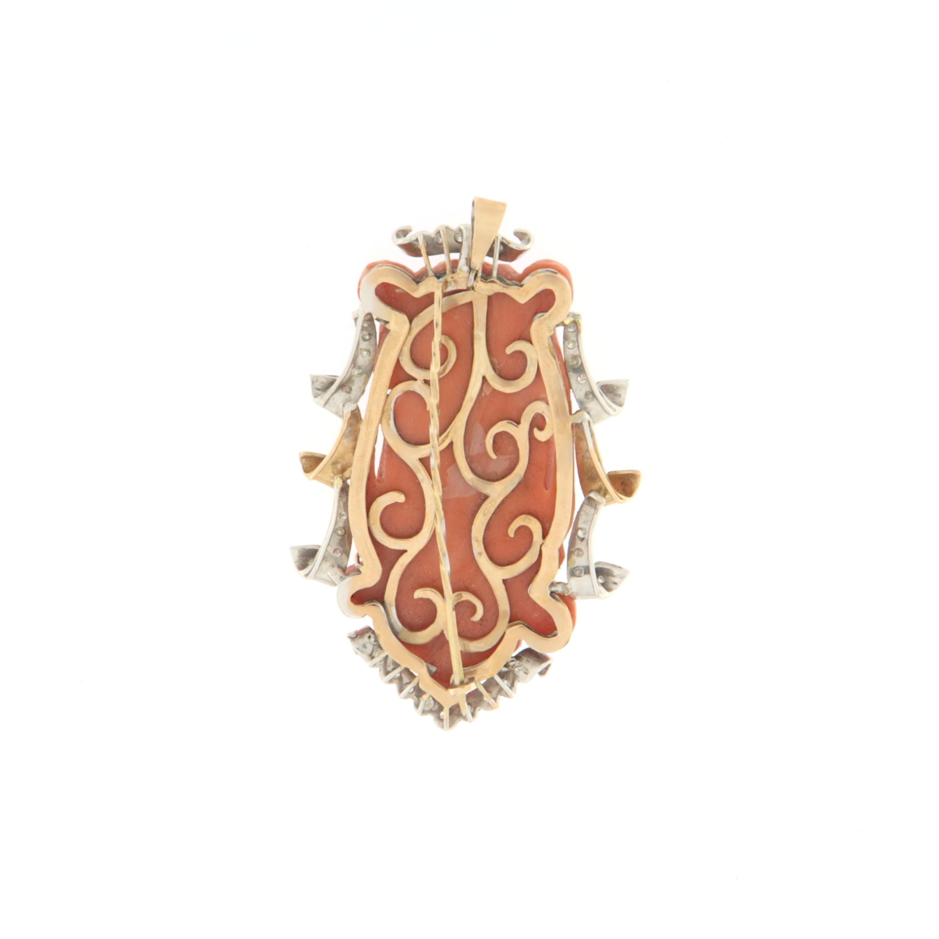 Brilliant Cut Cameo Coral Diamonds 14 Karat Yellow and White Gold Brooch And Pendant  For Sale