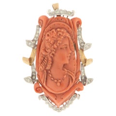 Cameo Coral Diamonds 14 Karat Yellow and White Gold Brooch And Pendant 