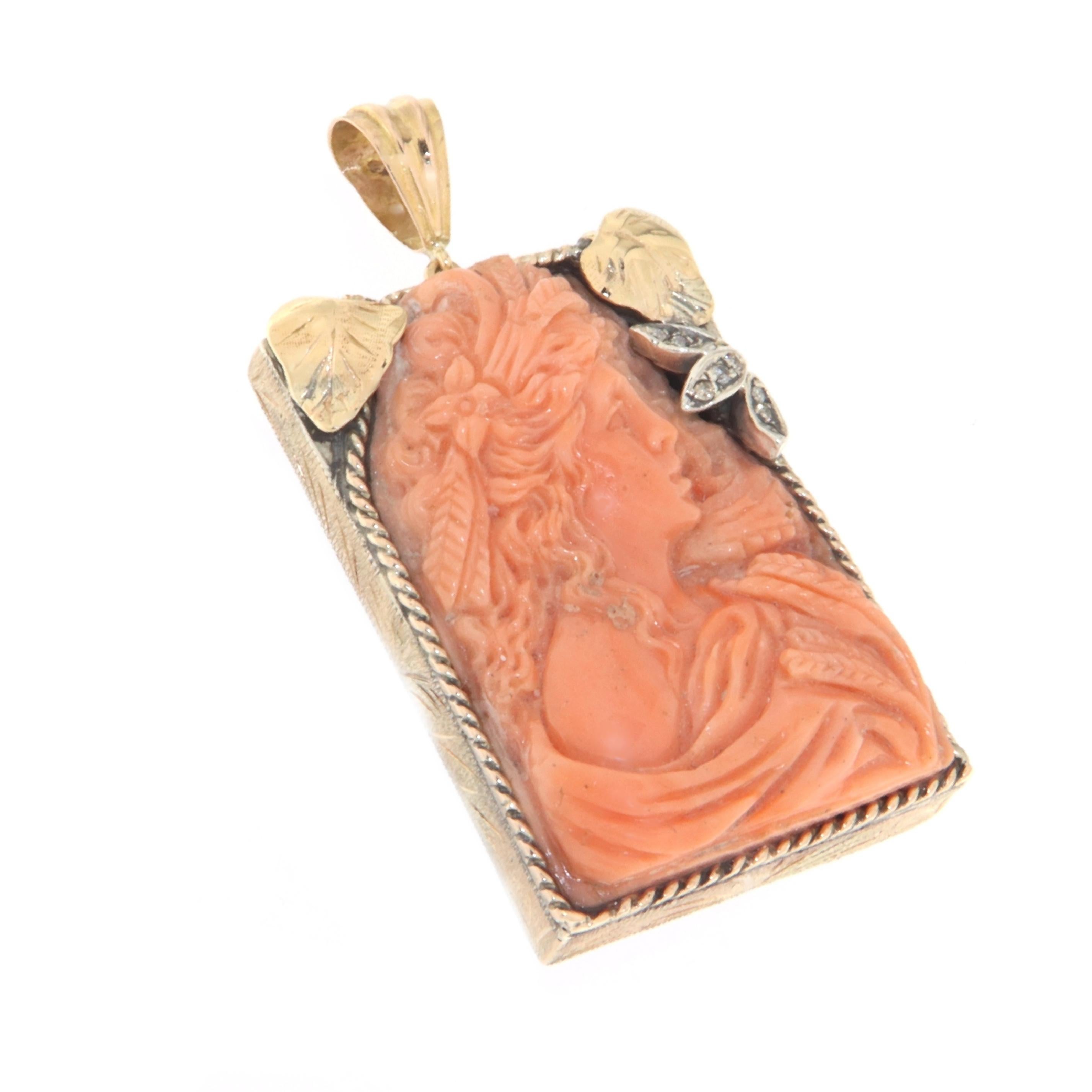 Artisan Cameo Coral Diamonds 14 Karat Yellow Gold Pendant Necklace For Sale