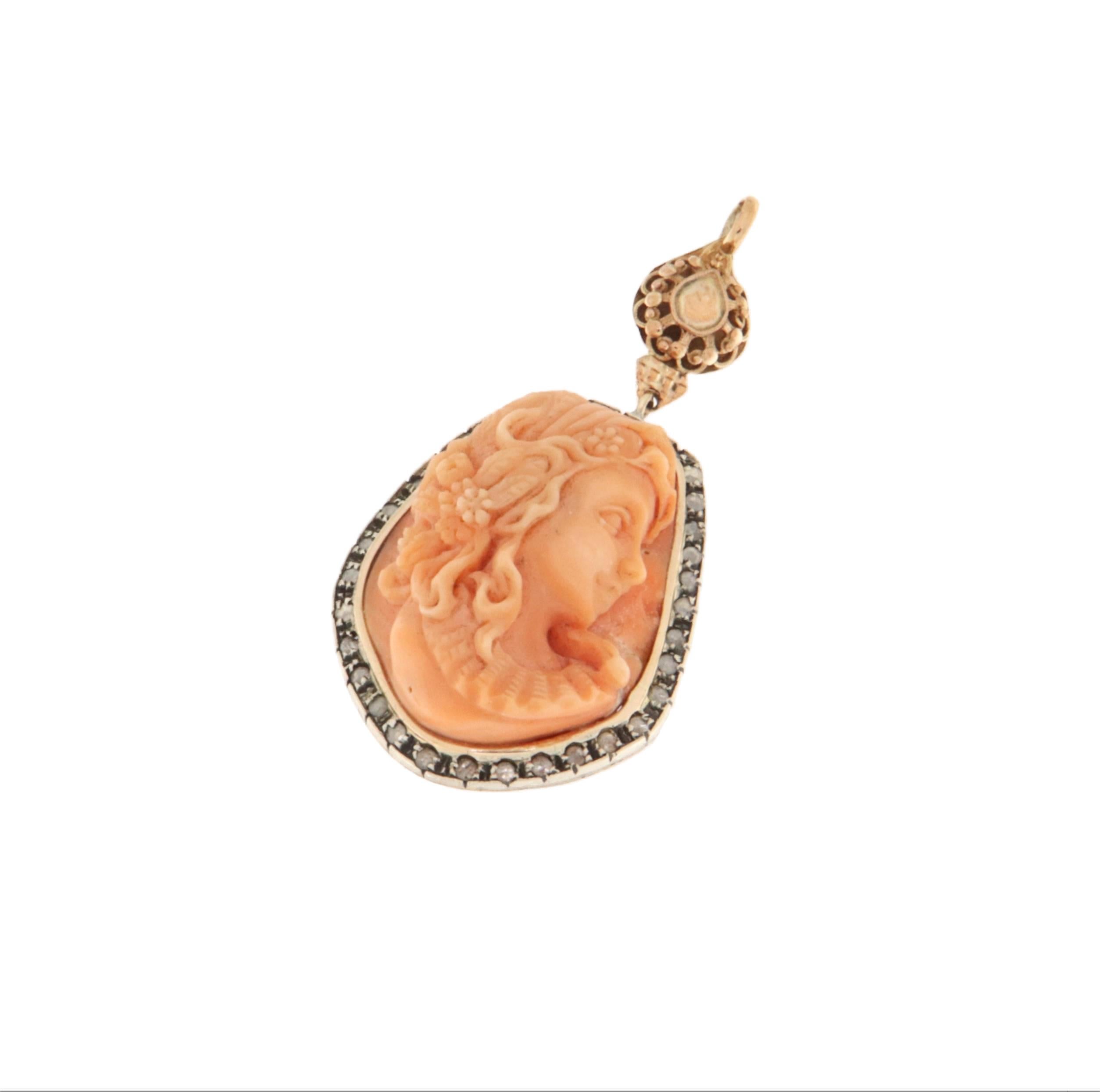 Artisan Cameo Coral Diamonds 14 Karat Yellow Gold Pendant Necklace For Sale