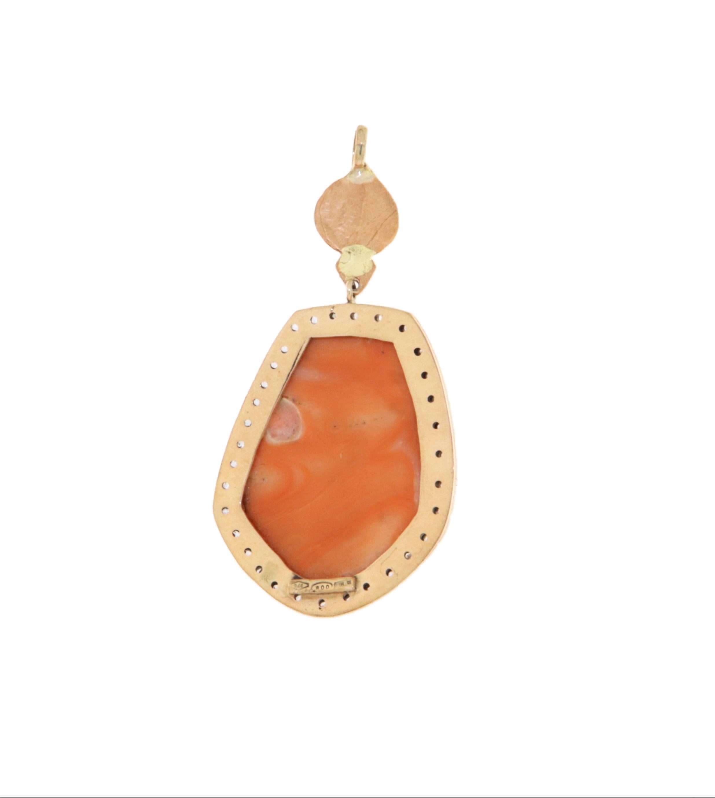 Old European Cut Cameo Coral Diamonds 14 Karat Yellow Gold Pendant Necklace For Sale