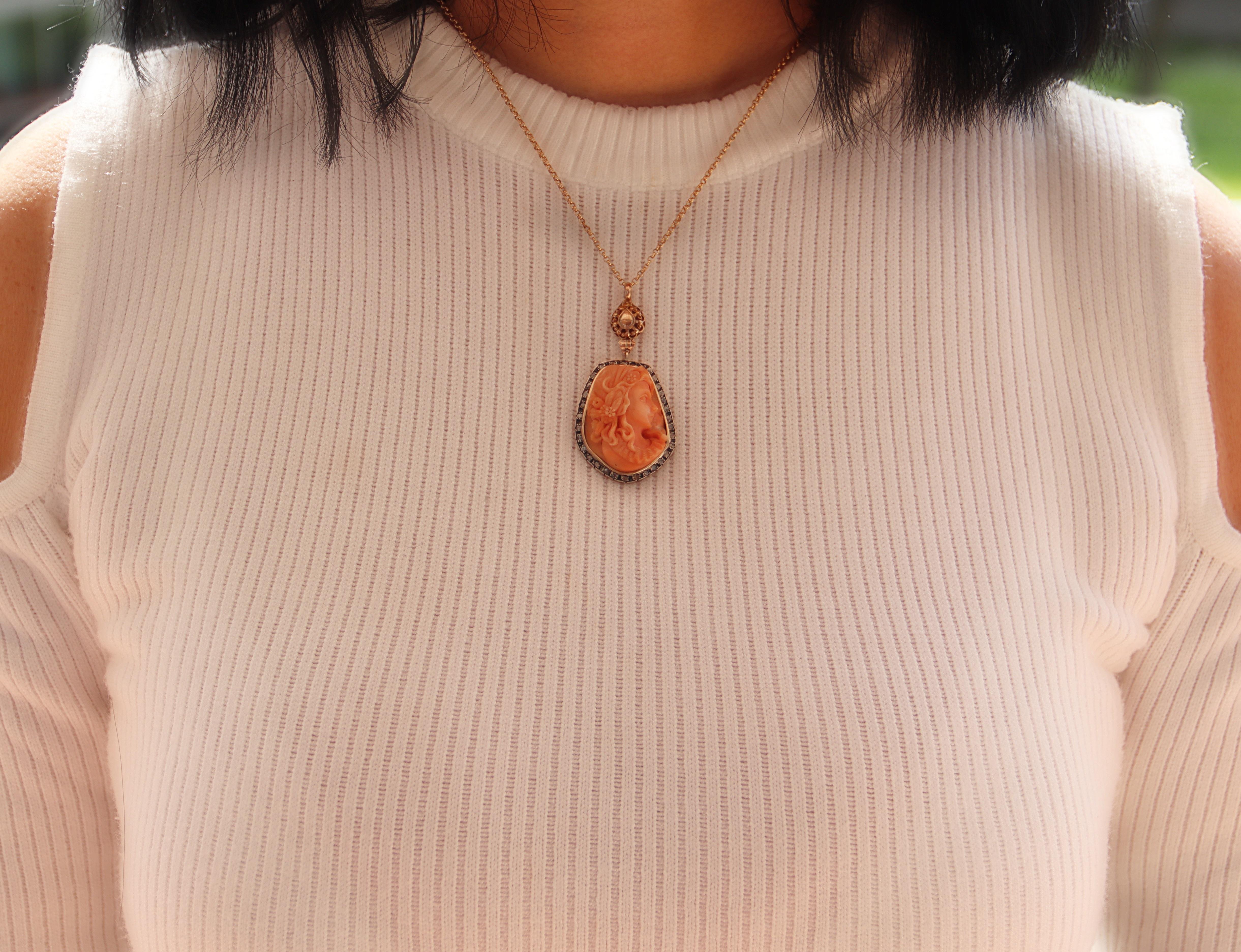 Women's Cameo Coral Diamonds 14 Karat Yellow Gold Pendant Necklace For Sale