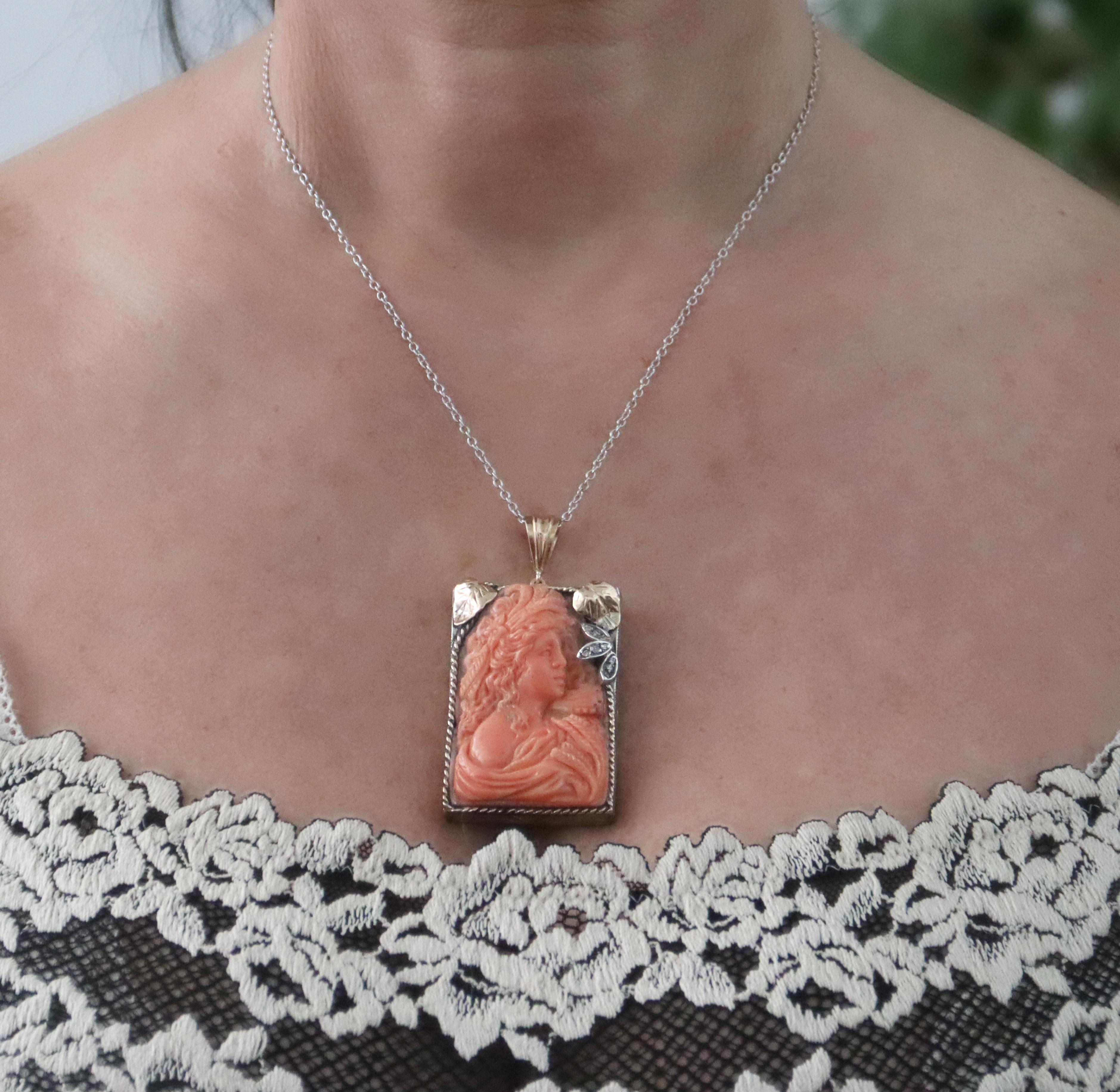 Cameo Coral Diamonds 14 Karat Yellow Gold Pendant Necklace For Sale 1