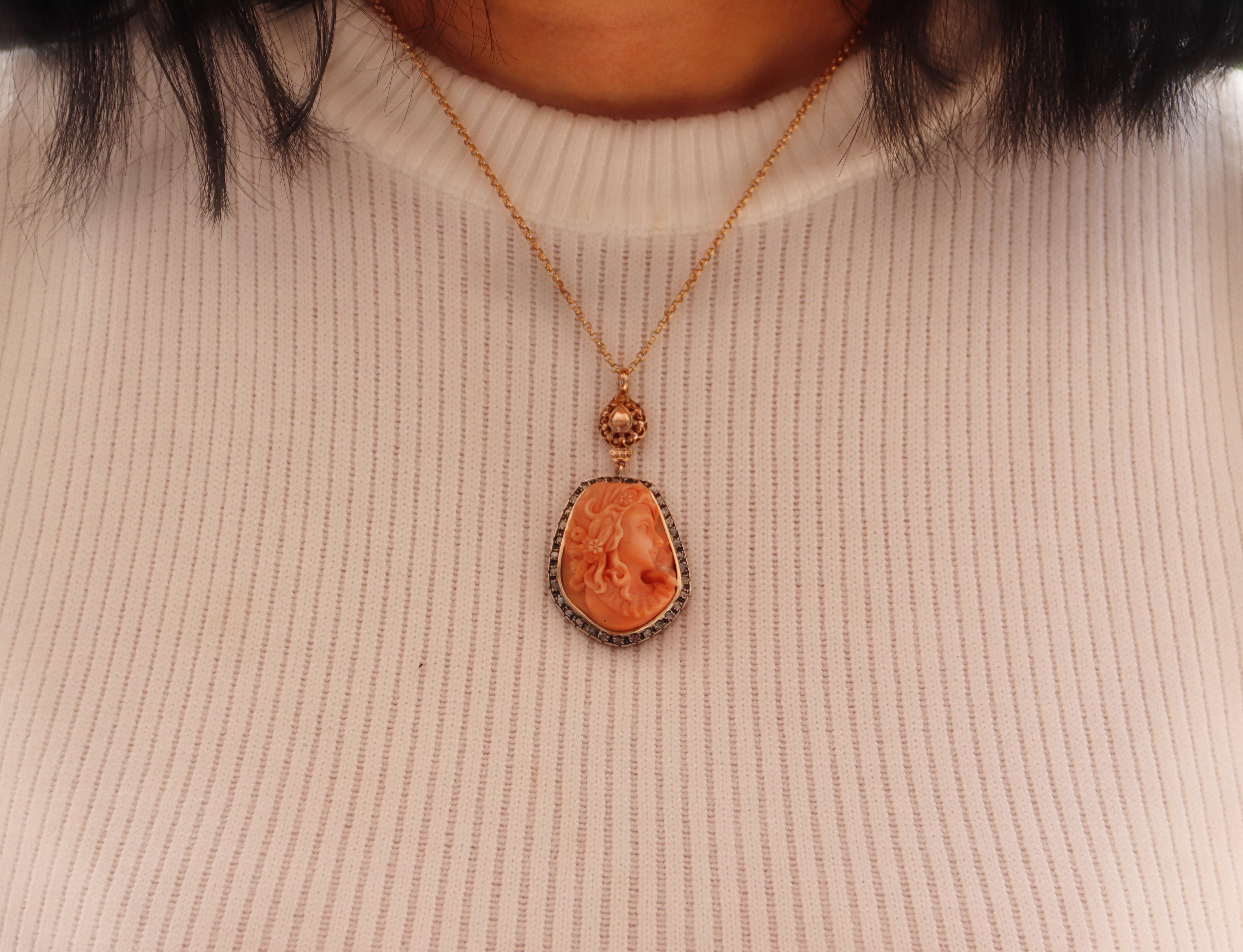 Cameo Coral Diamonds 14 Karat Yellow Gold Pendant Necklace For Sale 1